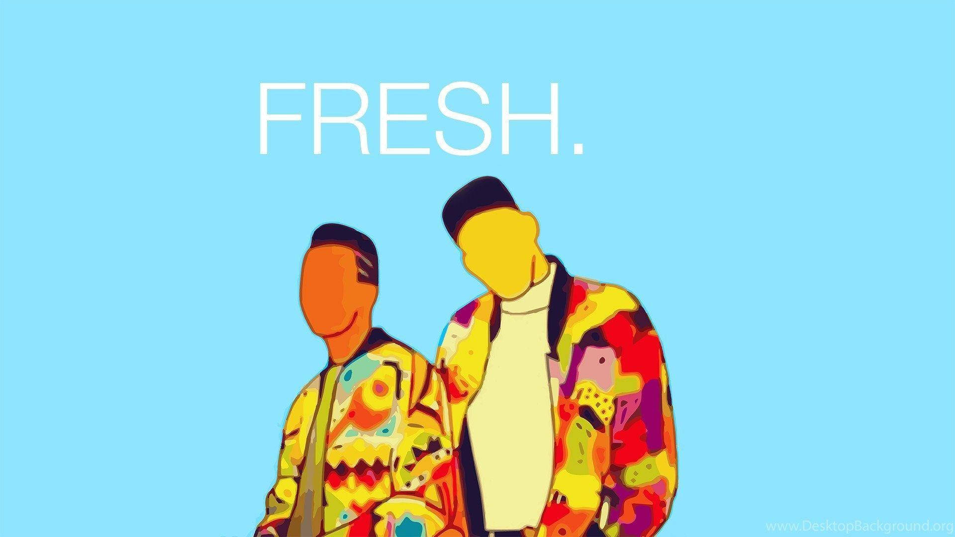fresh prince 桌布 壁紙 — 兩個風格化的人物穿著色彩繽紛的圖案外套，站在純藍色背景前，上方有FRESH字樣。