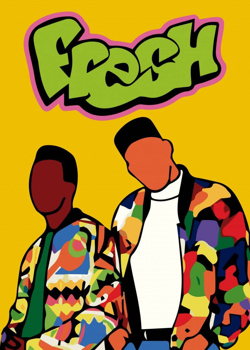 fresh prince 桌布 壁紙 — 兩個風格化的人物穿著鮮豔圖案外套，站在陽光黃色背景上大膽的綠色 'Fresh' 塗鴉標誌下方。