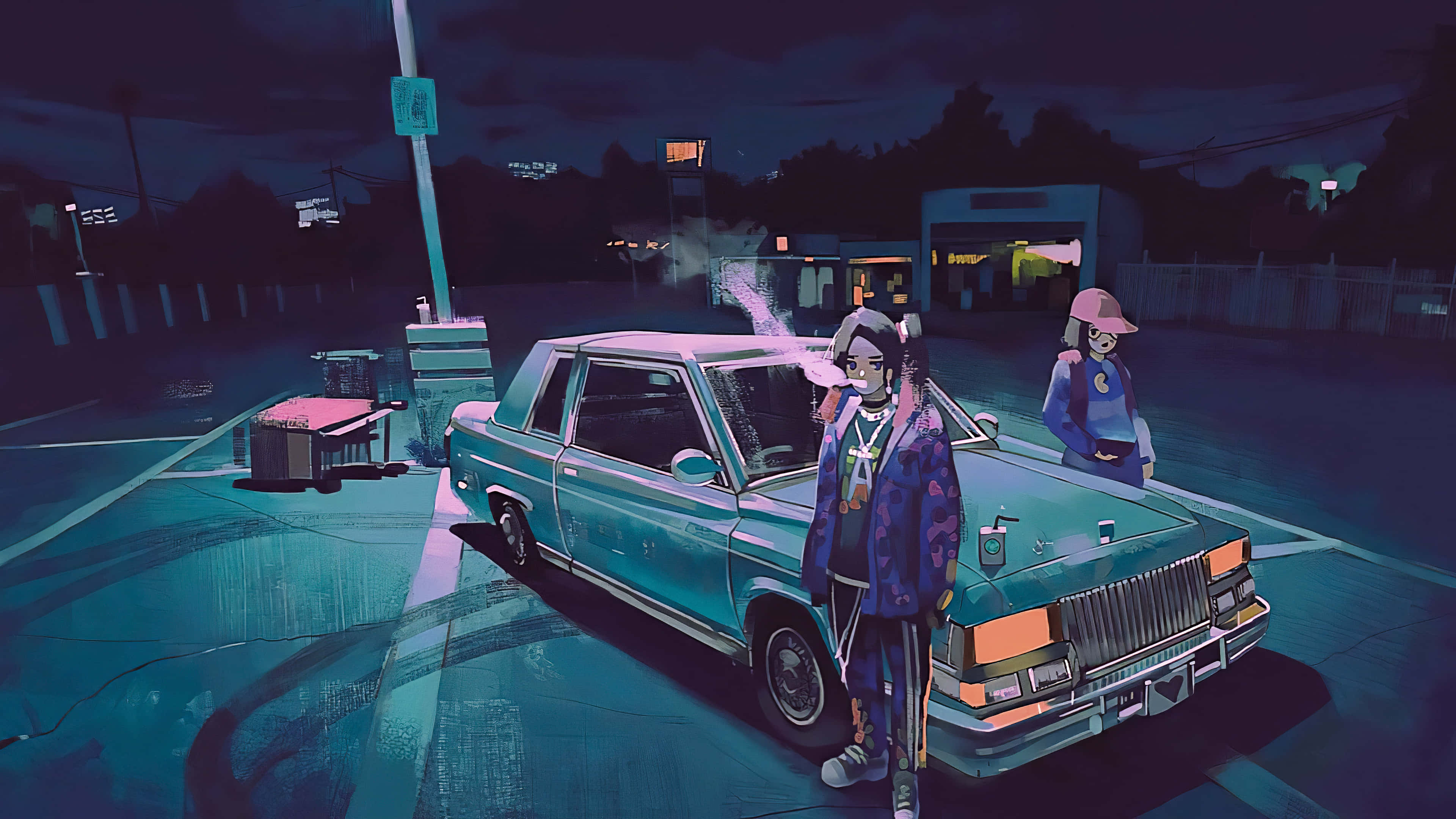 霓虹美學 桌布 壁紙 — 兩個風格化的人物站在一輛復古汽車旁邊，在黑暗夜空下霓虹燈閃爍的停車場中。