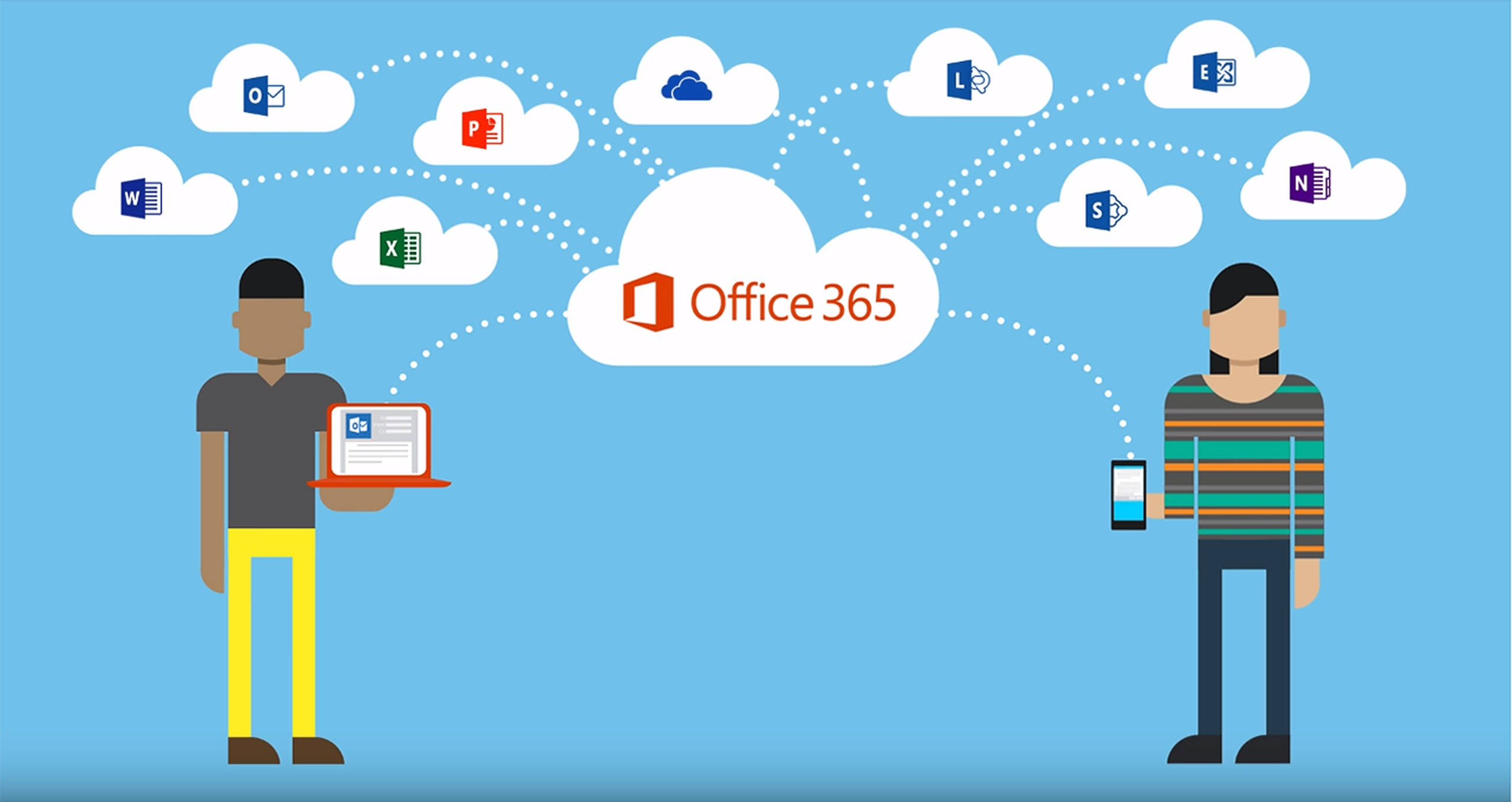 Office 365 桌布 壁紙 — 兩個風格化的人物透過顯示 Office 365 應用程式的雲端圖示連接，背景為純藍色。