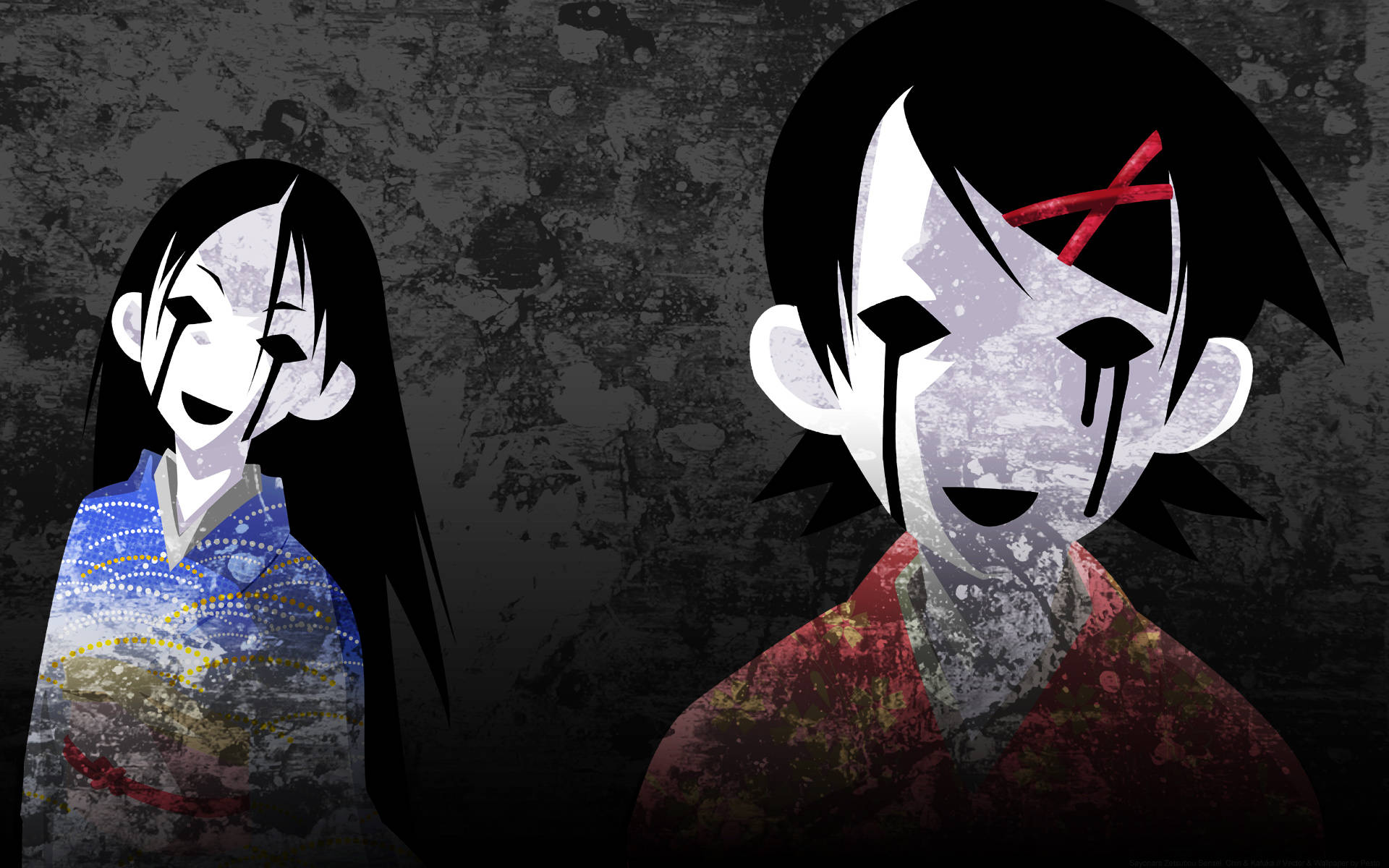 動漫女孩 桌布 壁紙 — 兩個風格化的動漫人物，白色臉龐和黑色頭髮，站在粗糙的深灰色背景前。