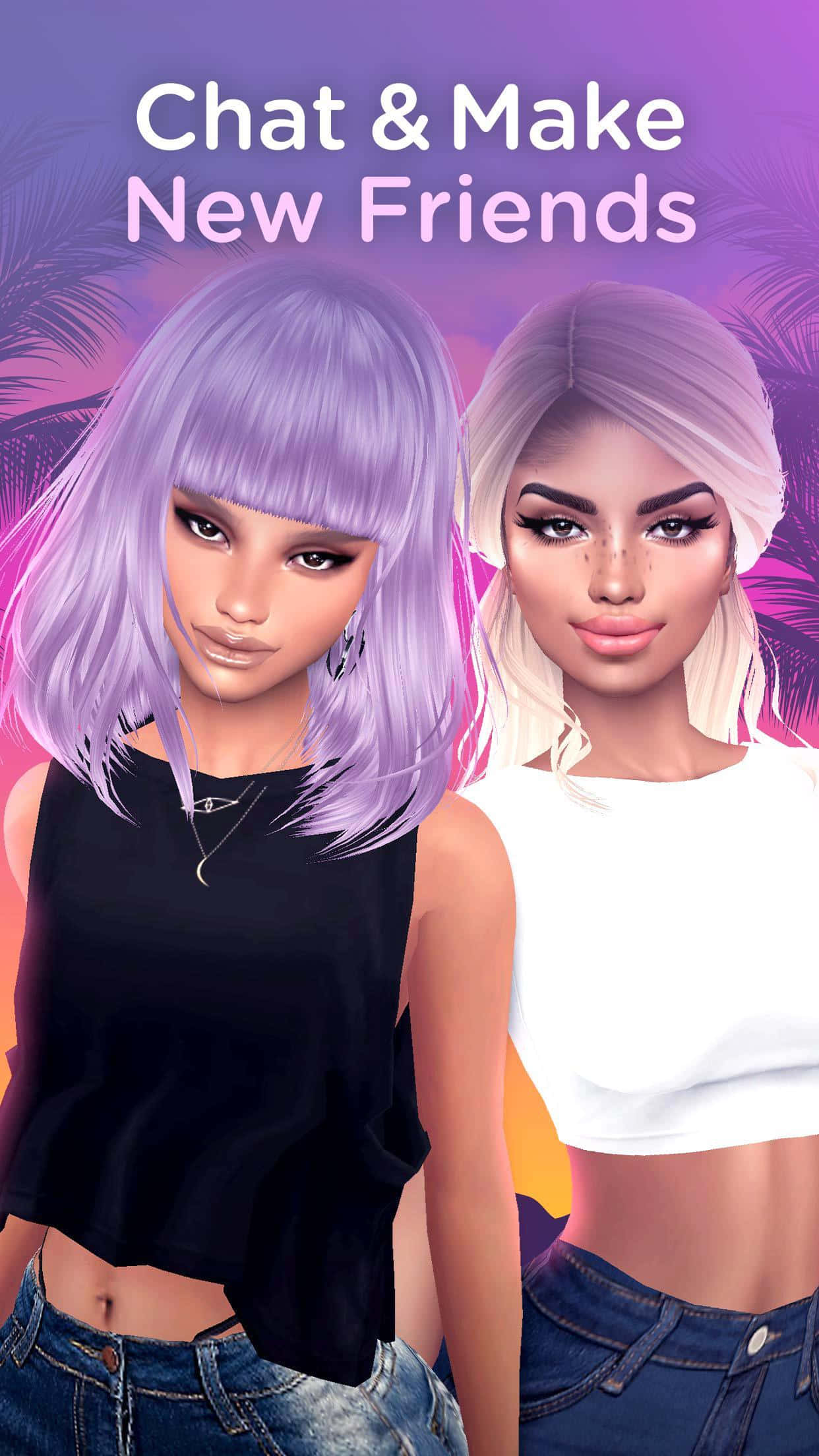 imvu 桌布 壁紙 — 兩個風格化的動漫女孩，擁有紫色和金色頭髮，站在充滿活力的熱帶日落背景前。