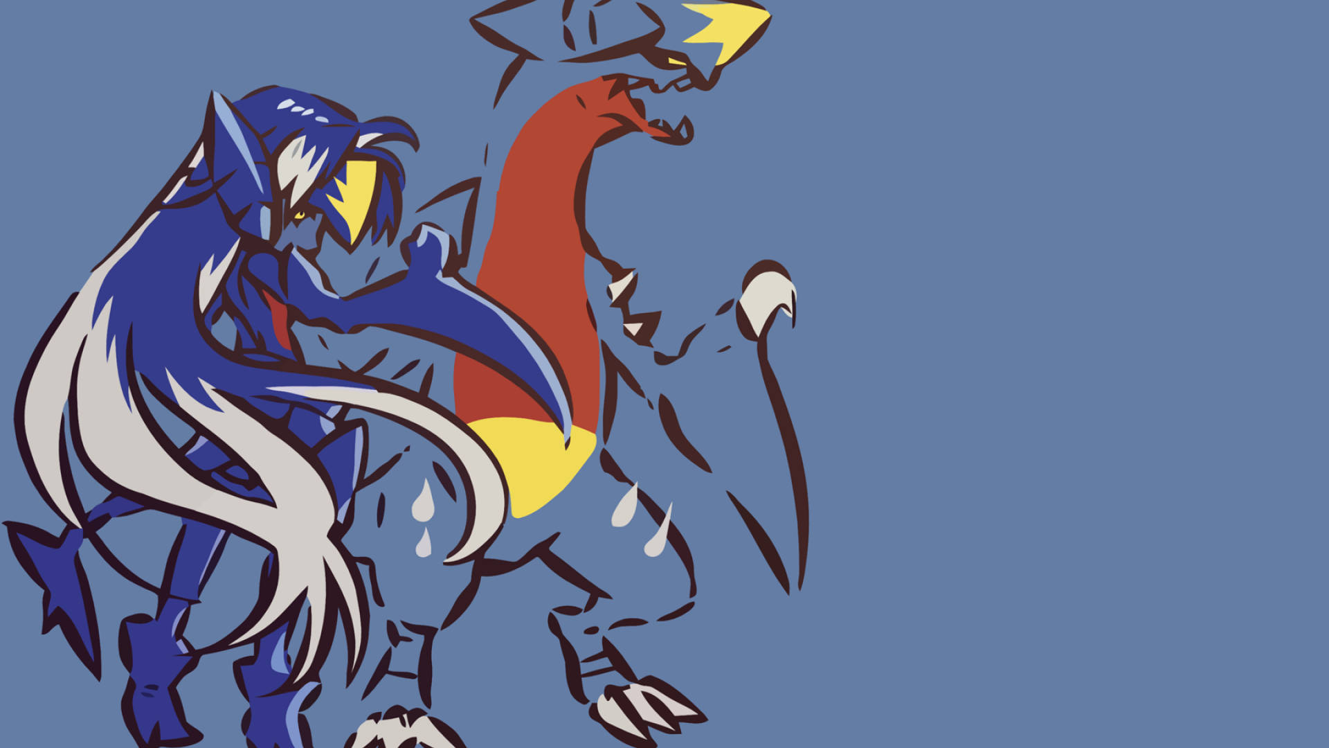 Garchomp 桌布 壁紙 — 兩個風格化的動漫生物在純藍色背景上以粗線條和鮮豔色彩動態碰撞。
