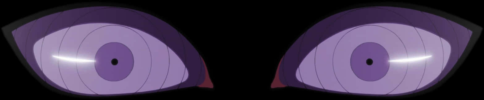 Rinnegan 桌布 壁紙 — 兩個風格化的動漫眼睛，帶有紫色虹膜和同心圓，在黑色背景上發光。