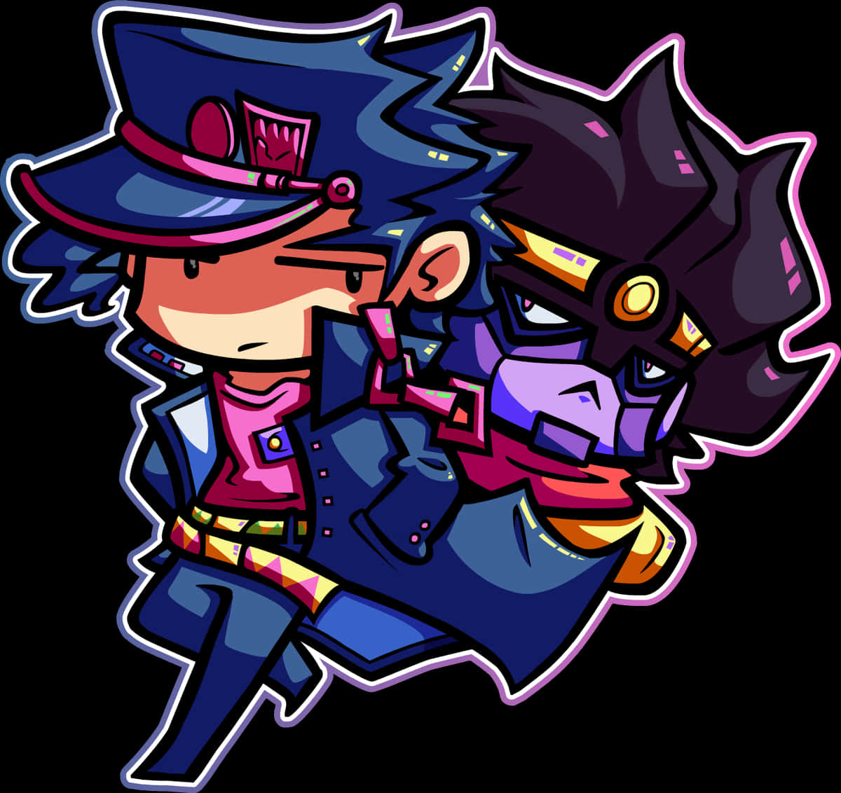 Star Platinum 桌布 壁紙 — 兩個風格化的動漫角色，以動態姿勢呈現，帶有粗線條和鮮豔的紫色、粉紅色和藍色。