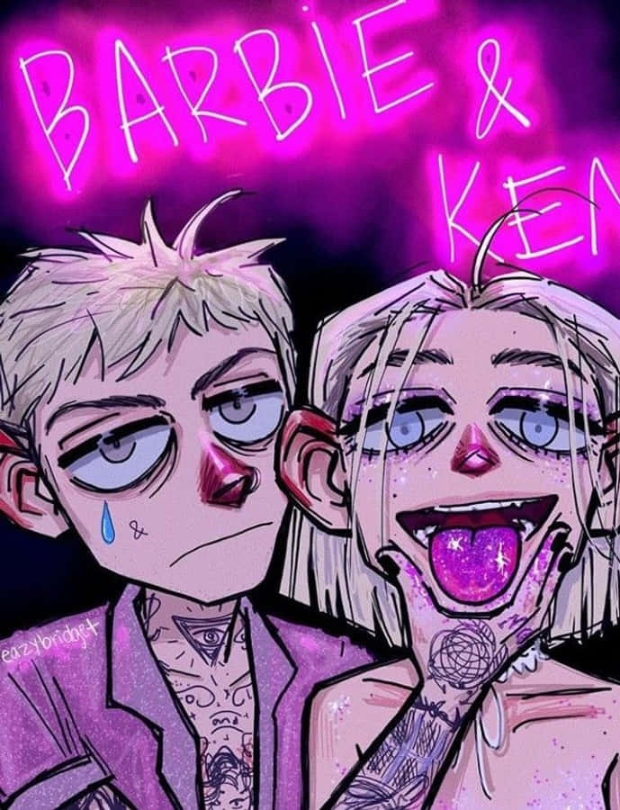 Grunge Cartoon 桌布 壁紙 — 兩個風格化的動漫角色，帶有刺青和閃爍的粉紅色點綴，位於霓虹燈 'BARBIE & KEN' 文字下方。
