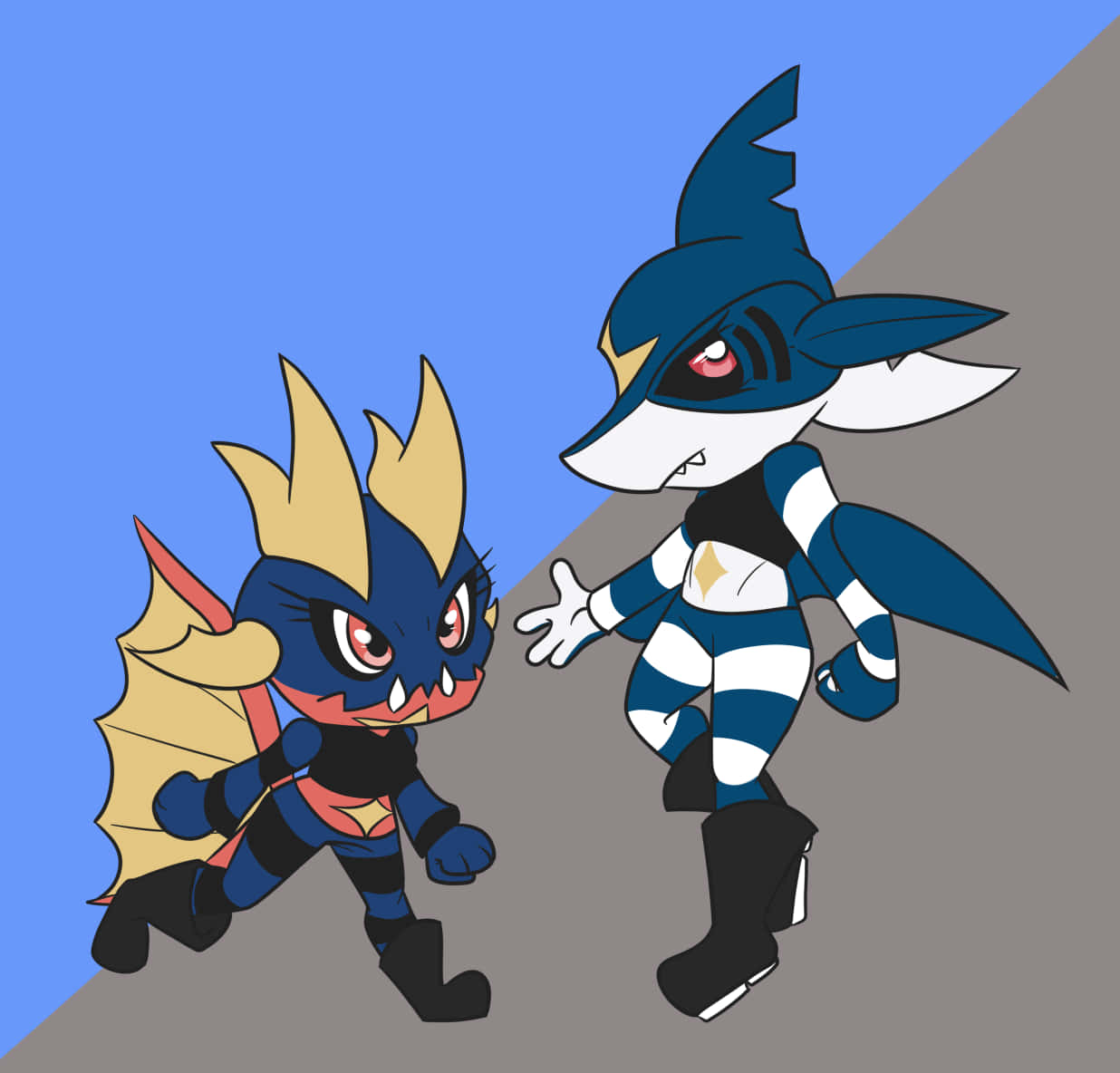 Pokemon Aesthetic 桌布 壁紙 — 兩個風格化的動漫角色，帶有藍色和金色點綴，在藍色和灰色分割的背景前相對而立。