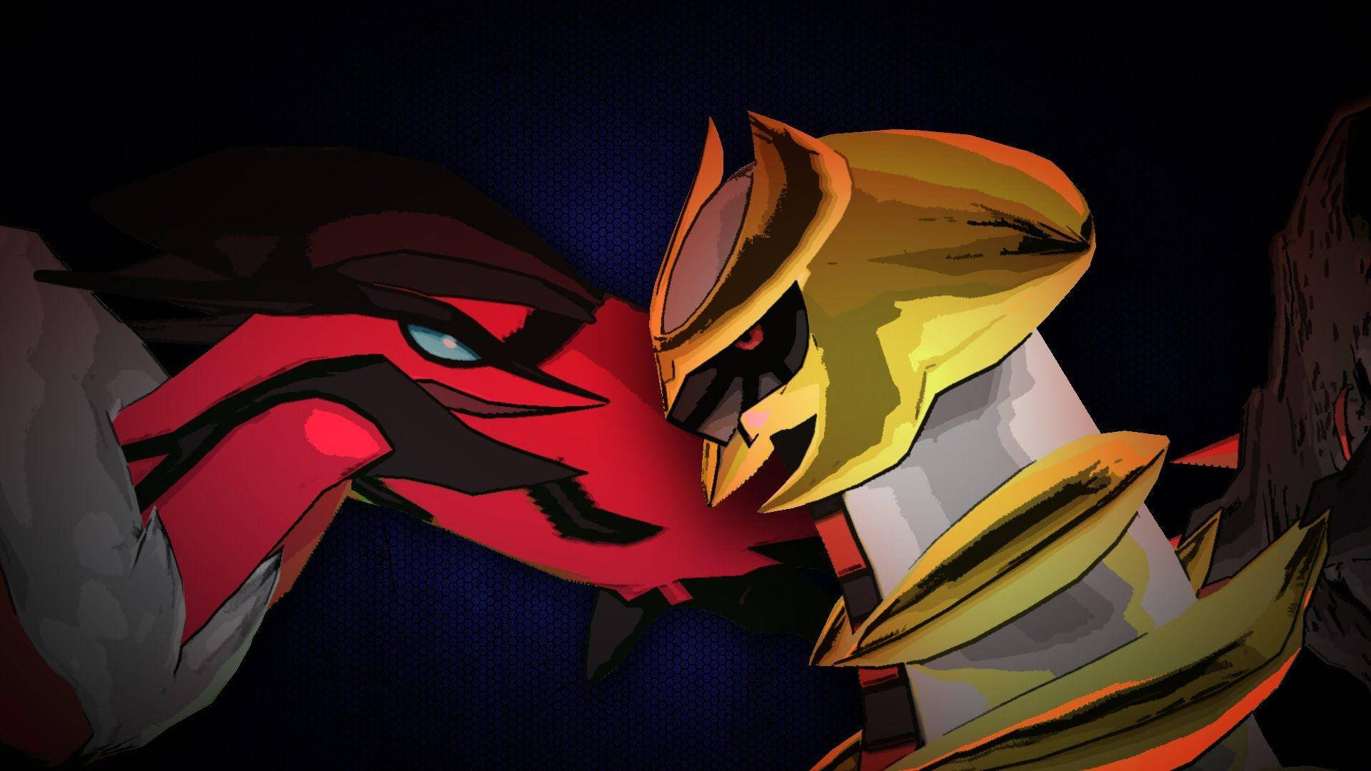 Giratina 桌布 壁紙 — 兩個風格化的動漫角色，紅色和金色，在深色紋理背景上戲劇性地碰撞。