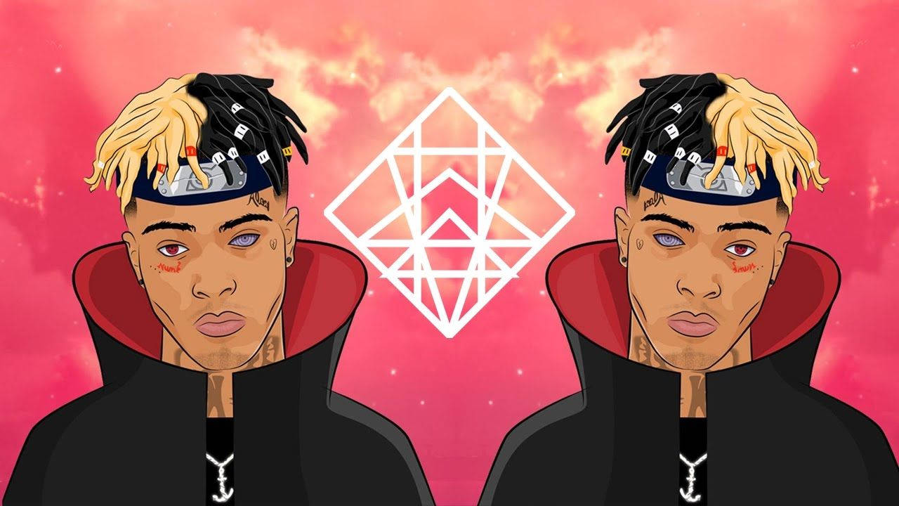 xxxtentacion 動畫 桌布 壁紙 — 兩個風格化的動漫角色，金色辮子頭和紅色連帽外套，對稱地站在發光的粉紅色天空前，中間有一個白色幾何符號。