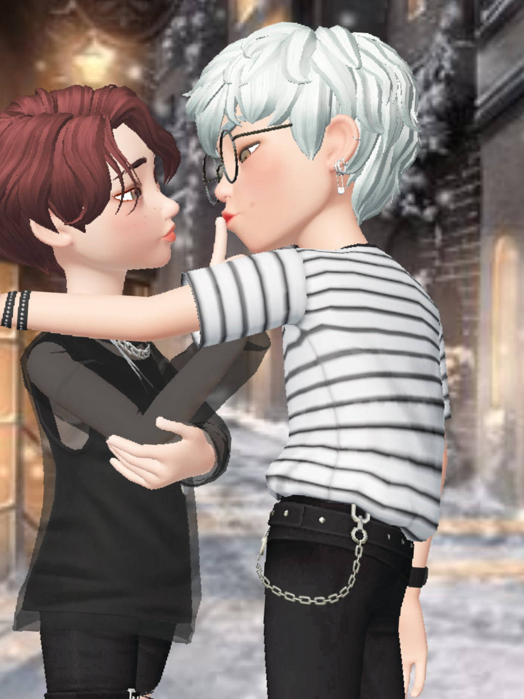 gay love 桌布 壁紙 — 兩個風格化的動漫角色在柔和燈光的城市小巷中分享親密時刻。