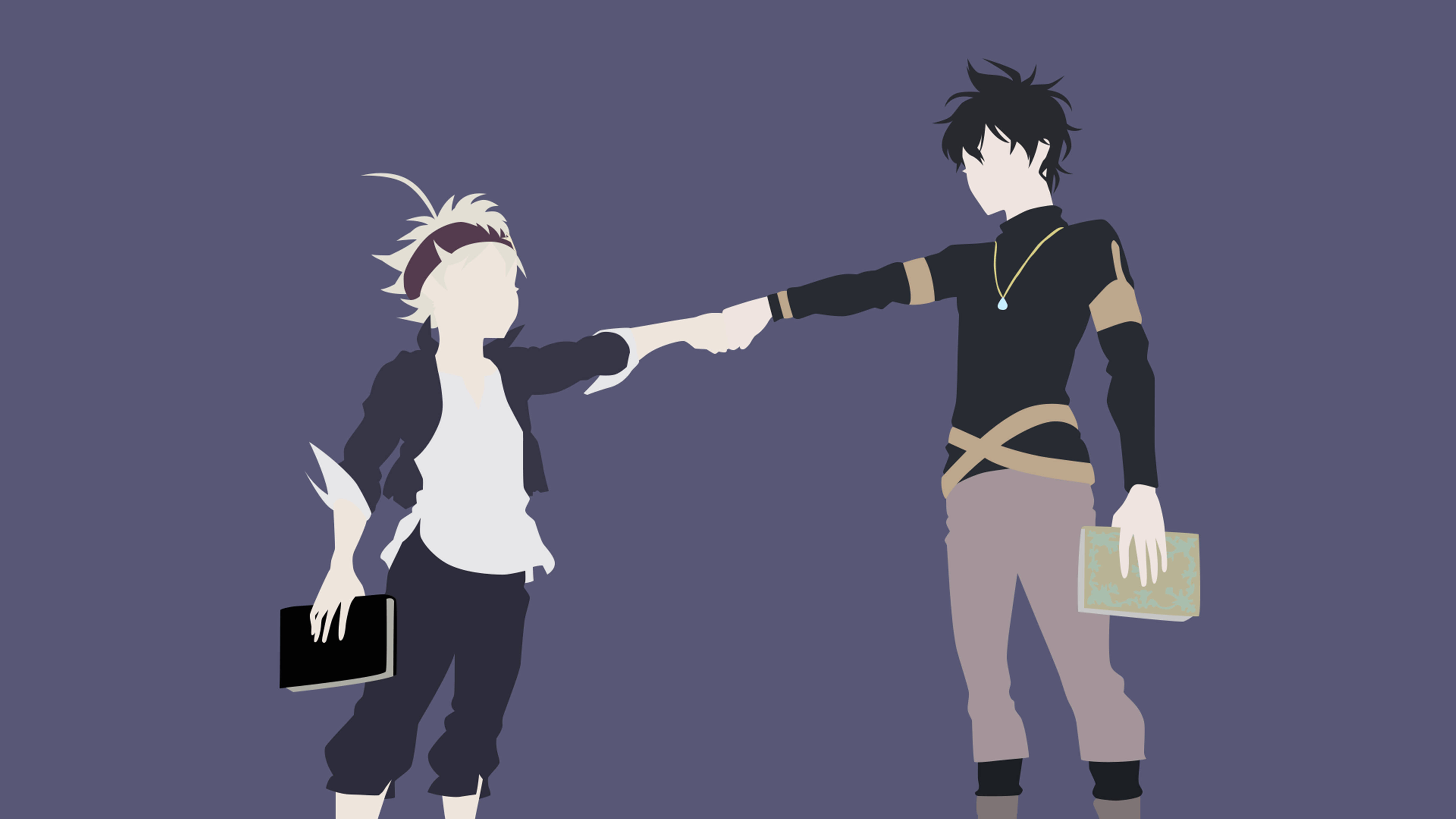 Black Clover Anime 桌布 壁紙 — 兩個風格化的動漫角色在純紫色背景上握手，每人手持一本書。