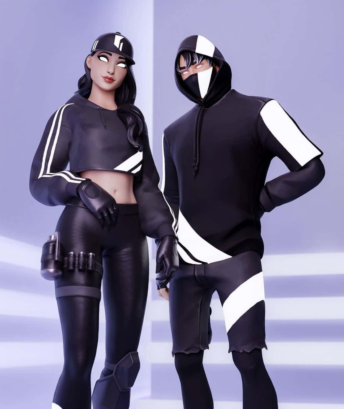 Ruby Fortnite Skin 桌布 壁紙 — 兩個風格化的動漫角色穿著相配的黑白運動服，在柔和的紫色漸變背景前自信地擺姿勢。