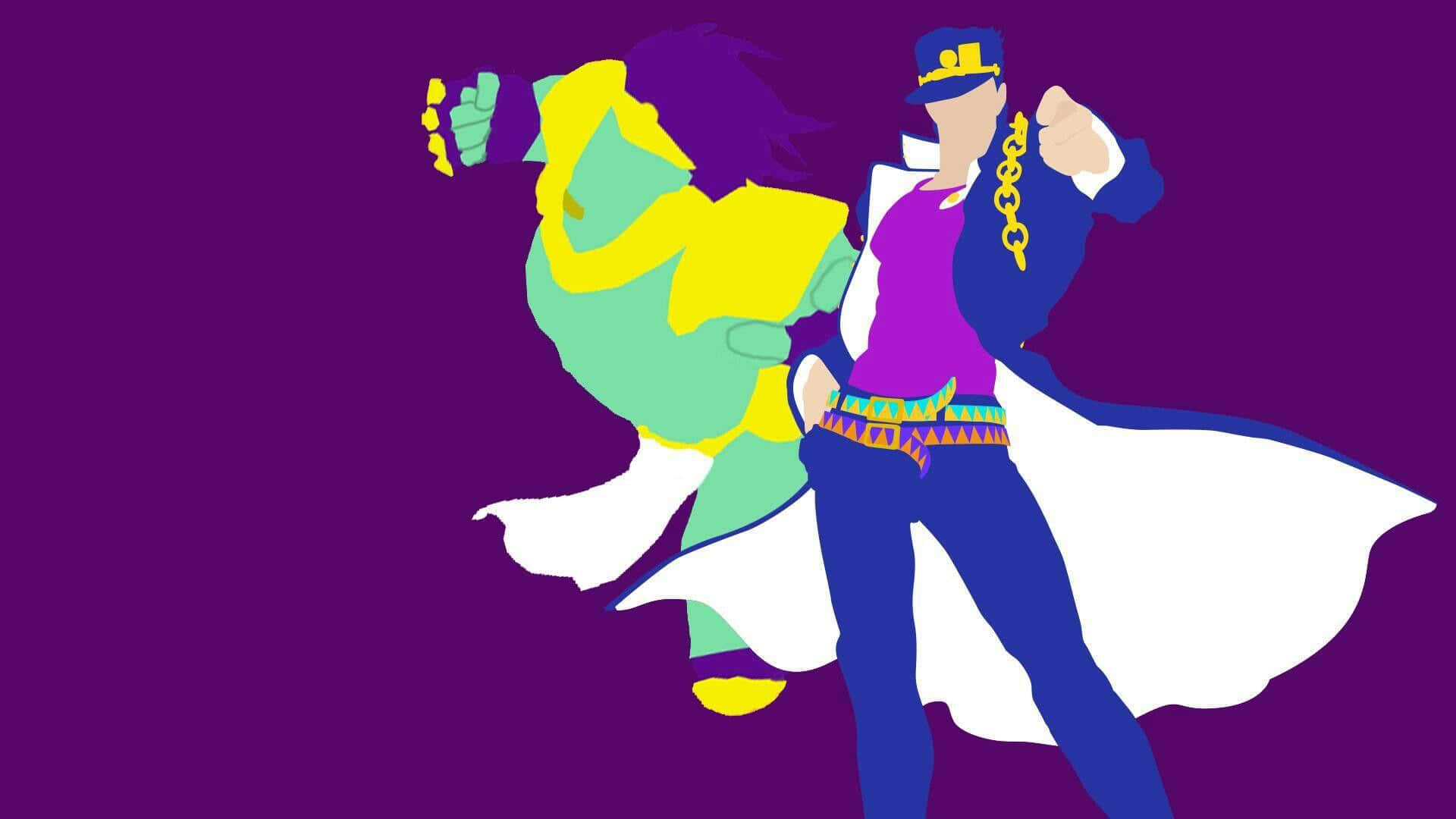 Jotaro 桌布 壁紙 — 兩個風格化的動漫角色穿著鮮豔的服裝，在純紫色背景前動態擺姿勢。