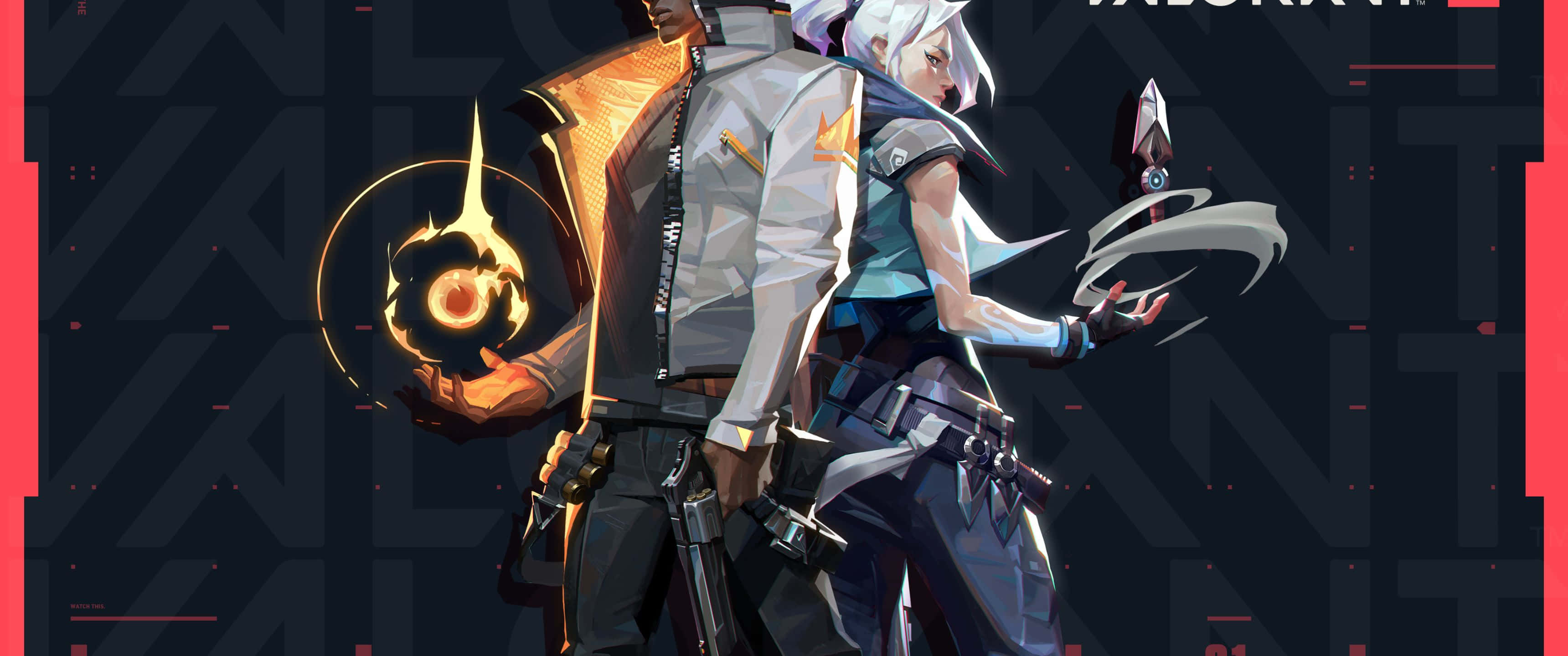 3440x1440p Valorant 桌布 壁紙 — 兩個風格化的動漫角色背對背站立，一個揮舞著發光的球體，另一個揮舞著時尚的刀刃，背景是深色幾何圖案。