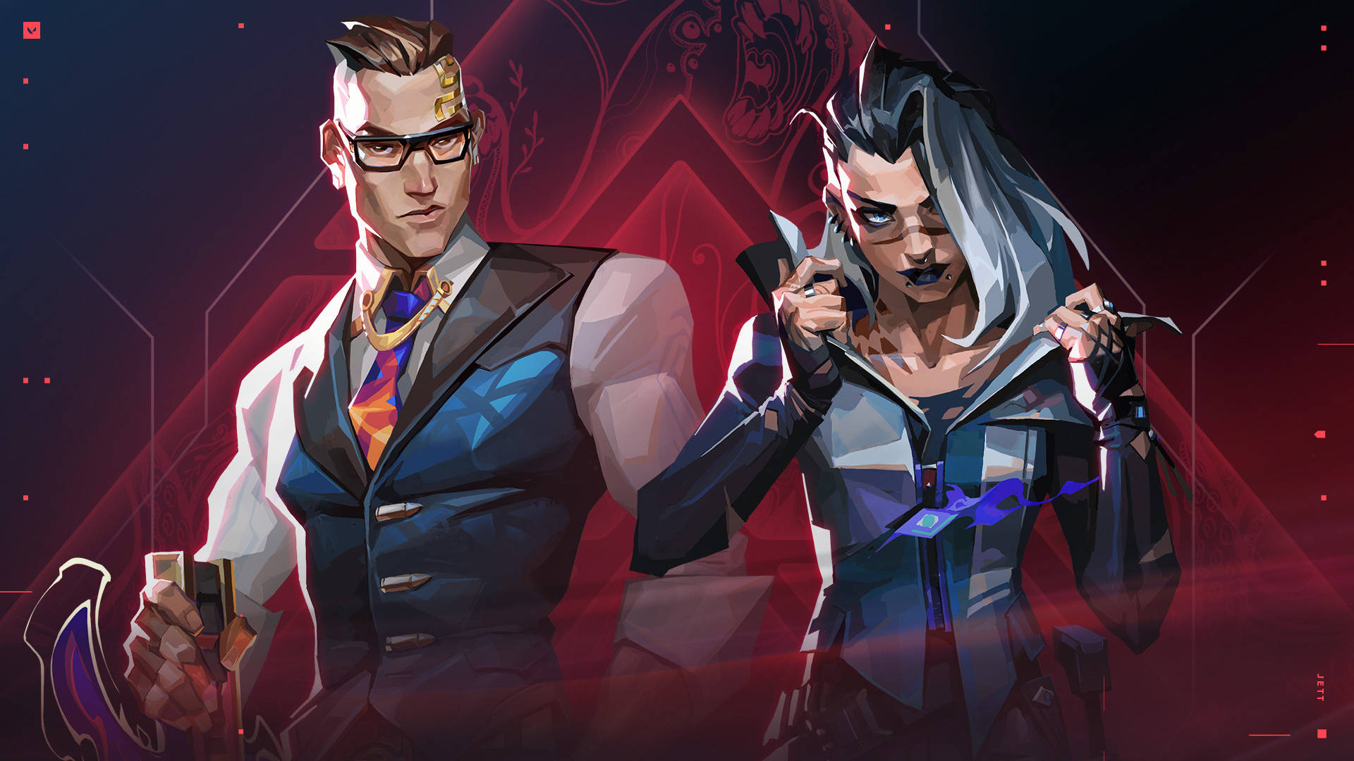 game 桌布 壁紙 — 兩個風格化的動漫角色自信地站在帶有賽博龐克風格的發光紅色幾何背景前。