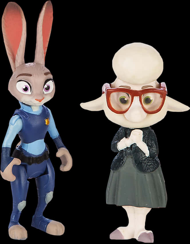 Disney Character 桌布 壁紙 — 兩個風格化的動畫兔子公仔，一個穿著警察制服，另一個戴著眼鏡和連衣裙，站在黑色背景前。