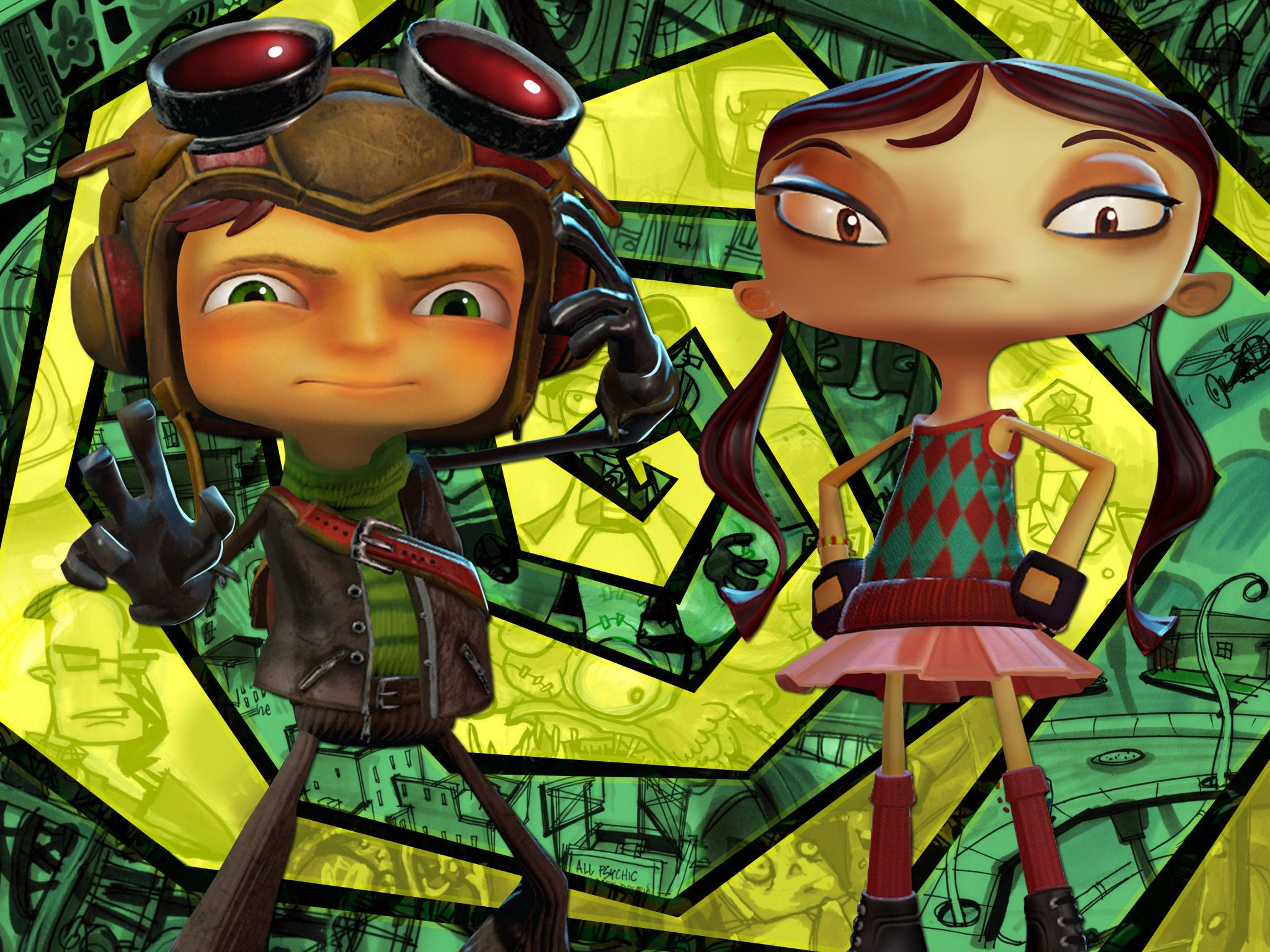 Psychonauts 桌布 壁紙 — 兩個風格化的動畫角色，戴著護目鏡，擺出自信姿勢，站在充滿活力的綠色和黃色幾何背景前。