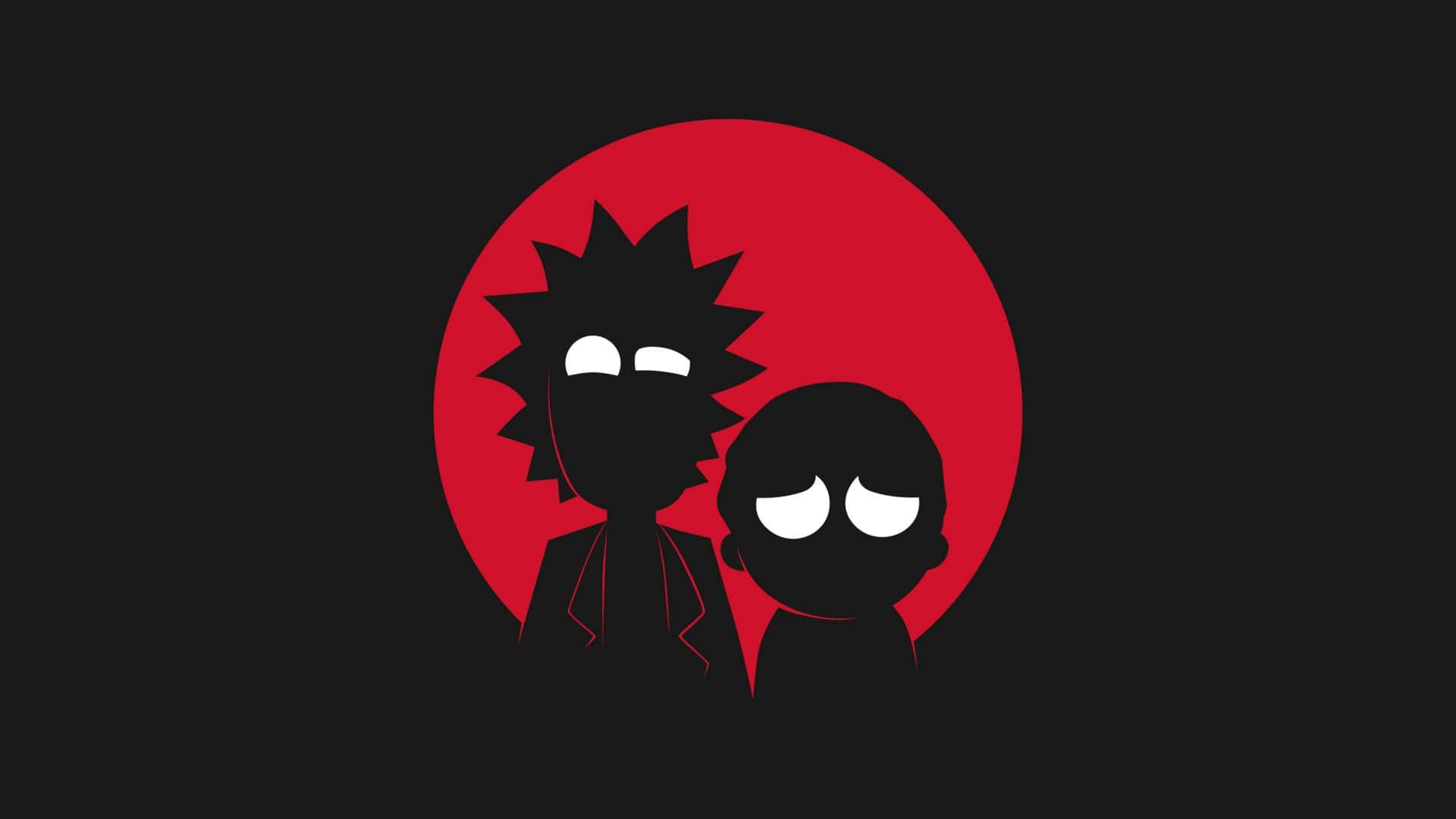 Morty Smith 桌布 壁紙 — 兩個風格化的卡通人物，白色眼睛，站在黑色背景上大膽的紅色圓形背景前。