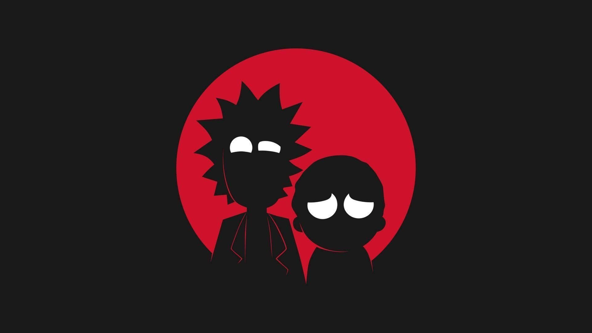 rick 桌布 壁紙 — 兩個風格化的卡通人物，白色眼睛，站在黑色背景上大膽的紅色圓形背景前。