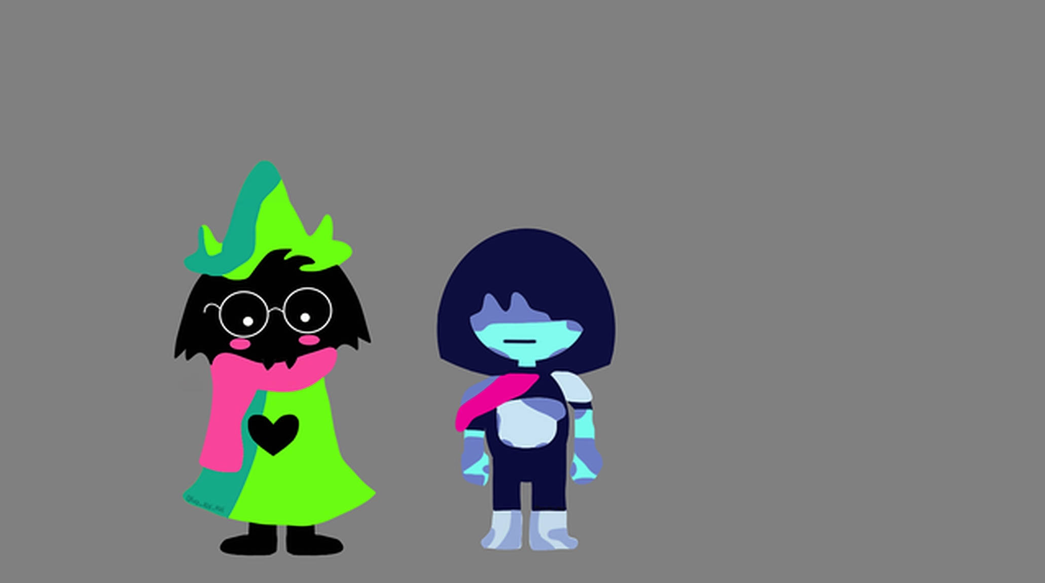 Ralsei 桌布 壁紙 — 兩個風格化的卡通人物並排站在純灰色背景前，一個戴著綠色帽子和粉紅色圍巾，另一個留著藍色鮑伯頭和粉紅色圍巾。