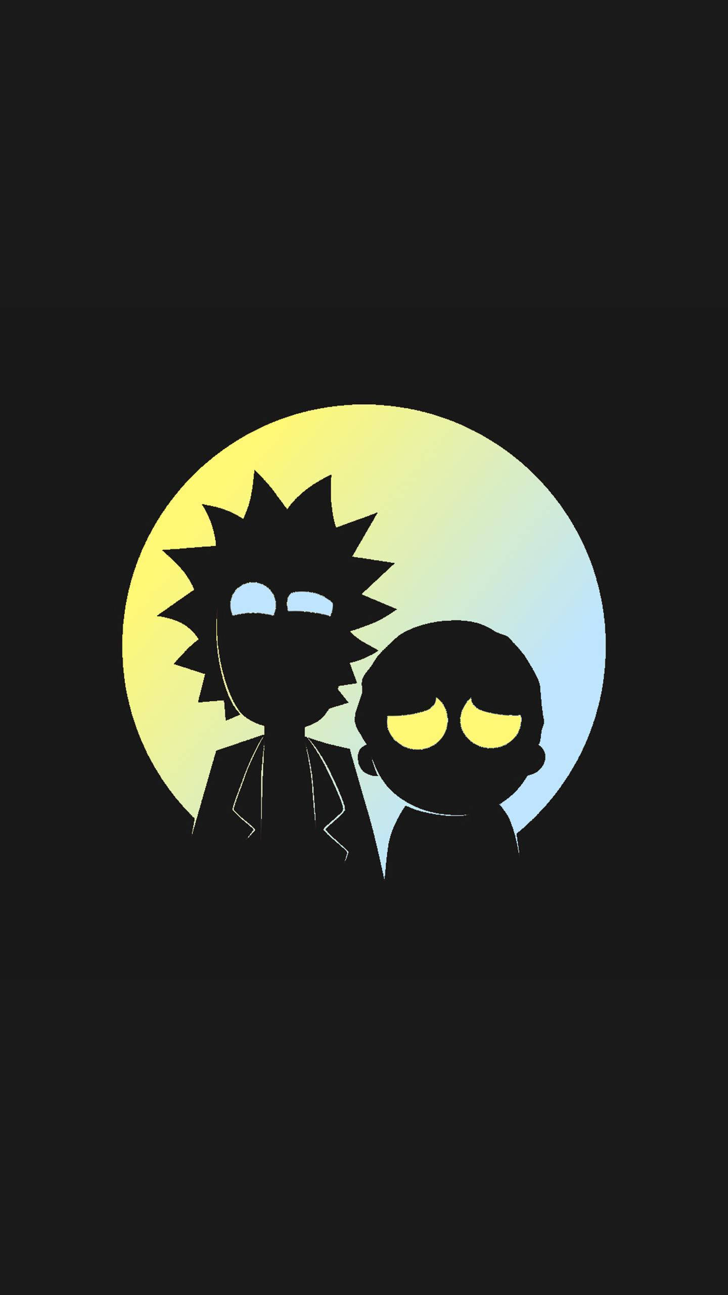 rick 桌布 壁紙 — 兩個風格化的卡通人物剪影，襯以漸變黃藍圓形背景，置於黑色背景上。