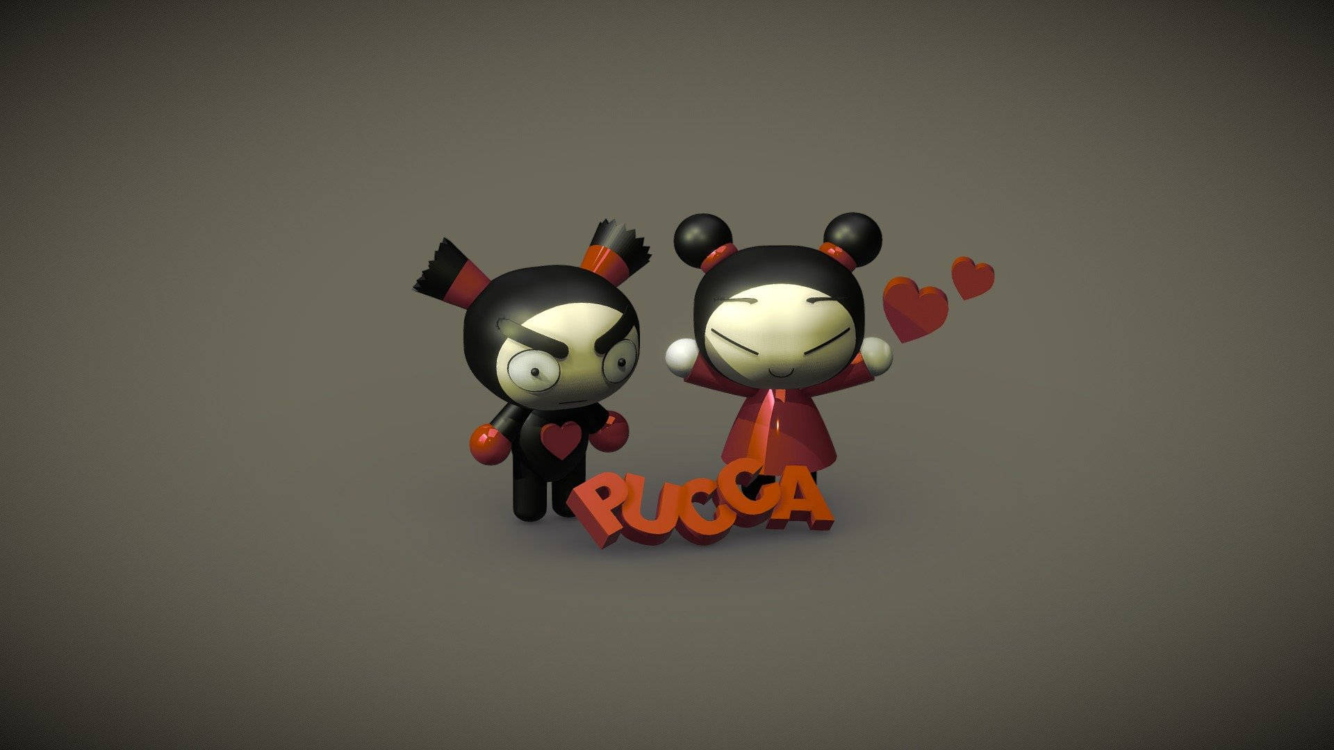 Pucca 桌布 壁紙 — 兩個風格化的卡通角色，一個生氣一個微笑，站在紅色3D字母旁邊，拼出pucca，並有漂浮的心形。