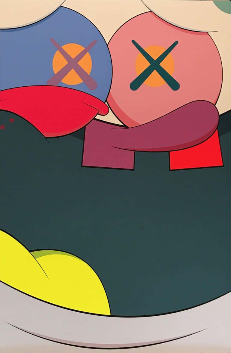 Cool Kaws 桌布 壁紙 — 兩個風格化的卡通角色，眼睛呈X形，在帶有鮮豔大膽形狀的深色背景上緊緊擁抱。