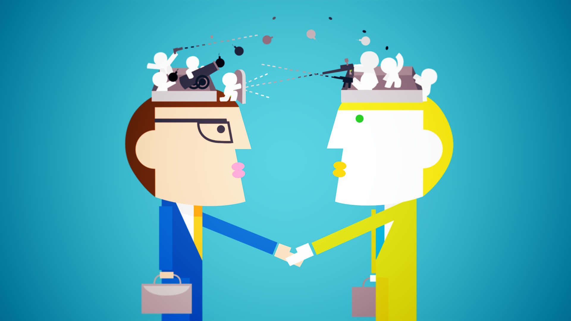 Negotiable 桌布 壁紙 — 兩個風格化的商業人物握手，而微型士兵從他們的頭上發射大砲，背景為純藍色。