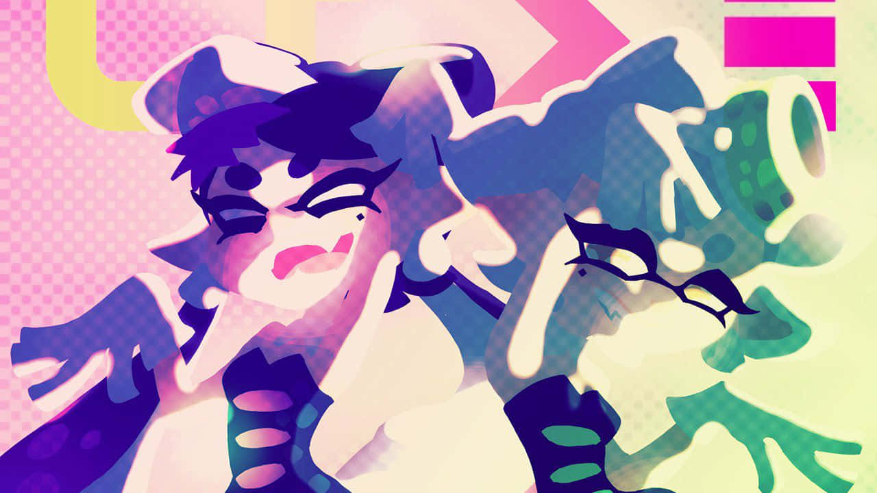 splatoon 2 桌布 壁紙 — 兩個風格化的墨水角色，以鮮豔的紫色和綠色，在帶有幾何形狀的普普藝術背景上動態擺姿勢。
