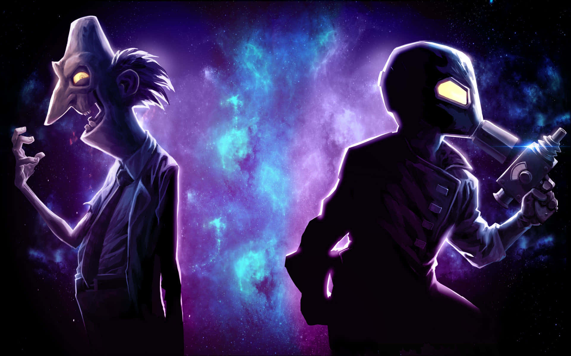 史詩 桌布 壁紙 — 兩個風格化的外星人身影，在充滿活力的宇宙星雲背景下形成剪影，星雲散發著電光藍和紫色。