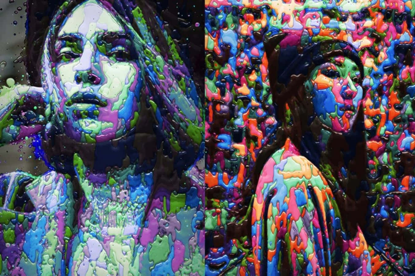 photoshop 桌布 壁紙 — 兩個風格化的女性肖像，臉部和頭髮以鮮豔滴落的油漆紋理呈現。