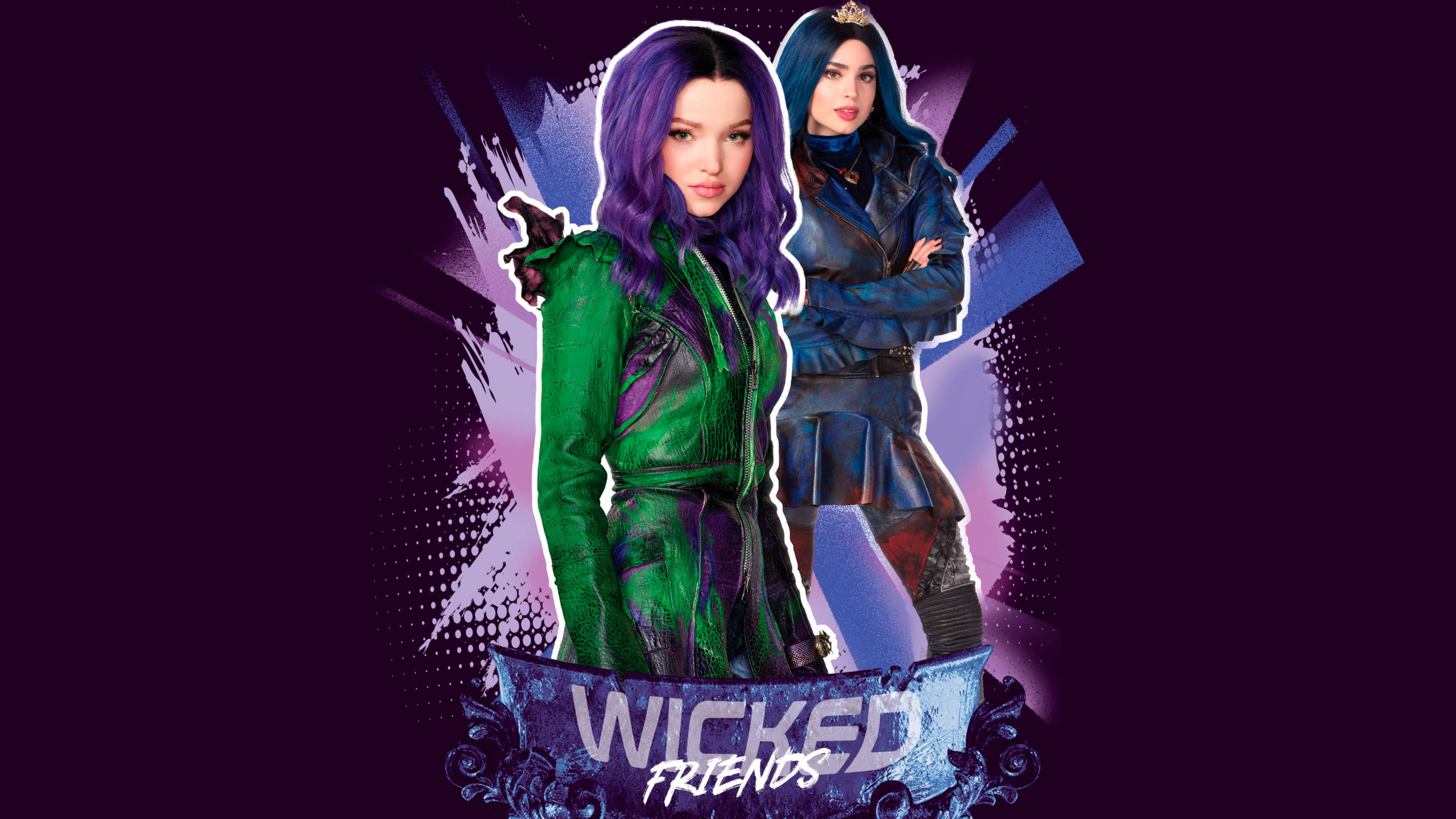 Descendants 桌布 壁紙 — 兩個風格化的女性角色，紫色頭髮和時尚服裝，站在深紫色背景前，帶有塗鴉風格的潑濺和文字WICKED FRIENDS。