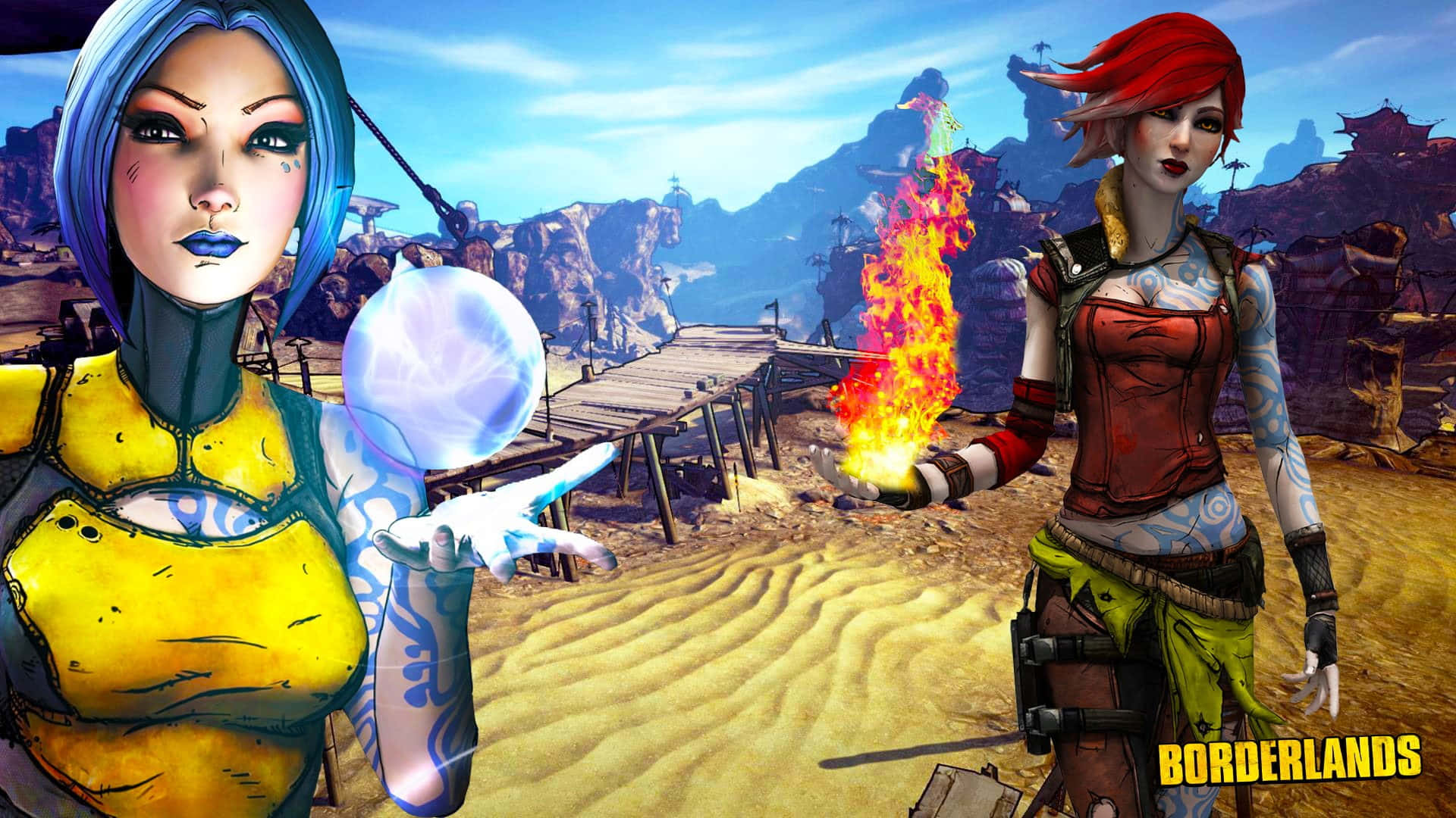 1080p Borderlands 3 桌布 壁紙 — 兩個風格化的女性角色在沙漠荒地中，一個召喚冰，另一個召喚火，身後有一座木橋和岩石懸崖。