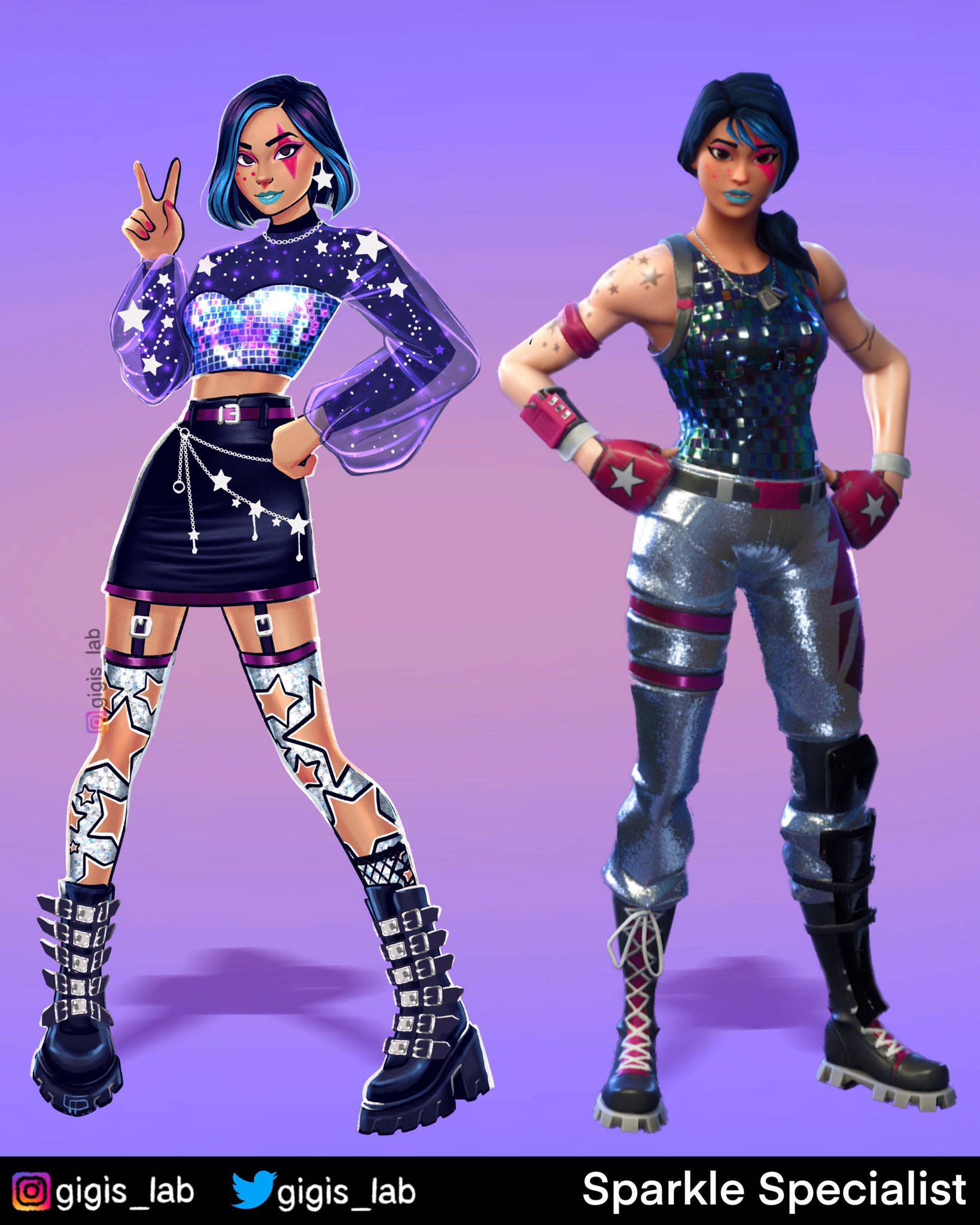 Sparkle Specialist Fortnite 桌布 壁紙 — 兩個風格化的女性角色穿著閃閃發光的星星主題服裝，在紫色漸變背景前自信地擺姿勢。