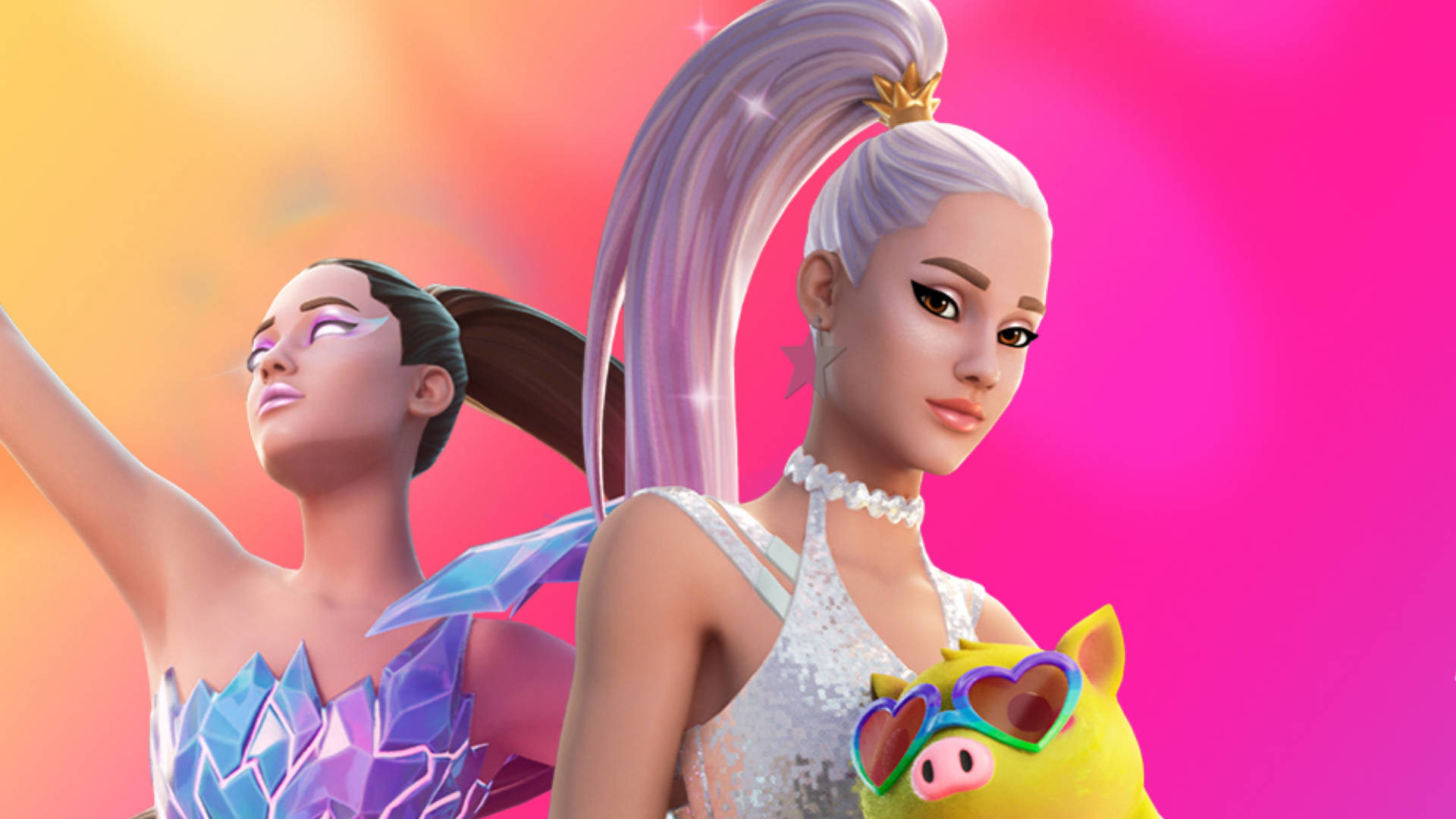 Fortnite 造型 桌布 壁紙 — 兩個風格化的女性角色穿著鮮豔服裝，在粉紅和橙色漸變的天空下擺姿勢，還有一隻戴著心形太陽眼鏡的黃色豬。