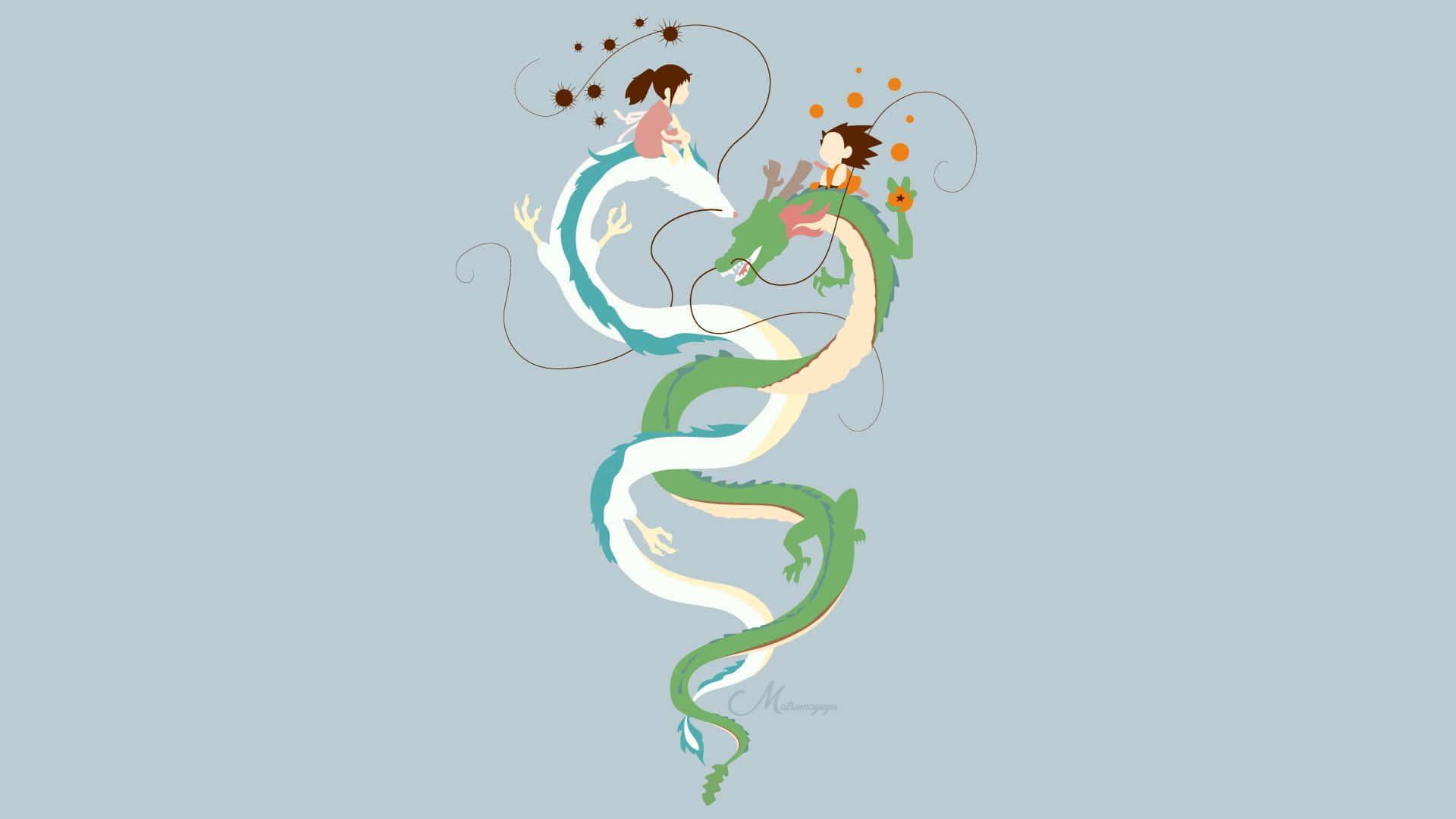 悟空 桌布 壁紙 — 兩個風格化的孩子騎著纏繞的綠色和白色龍，背景是柔和的藍色。
