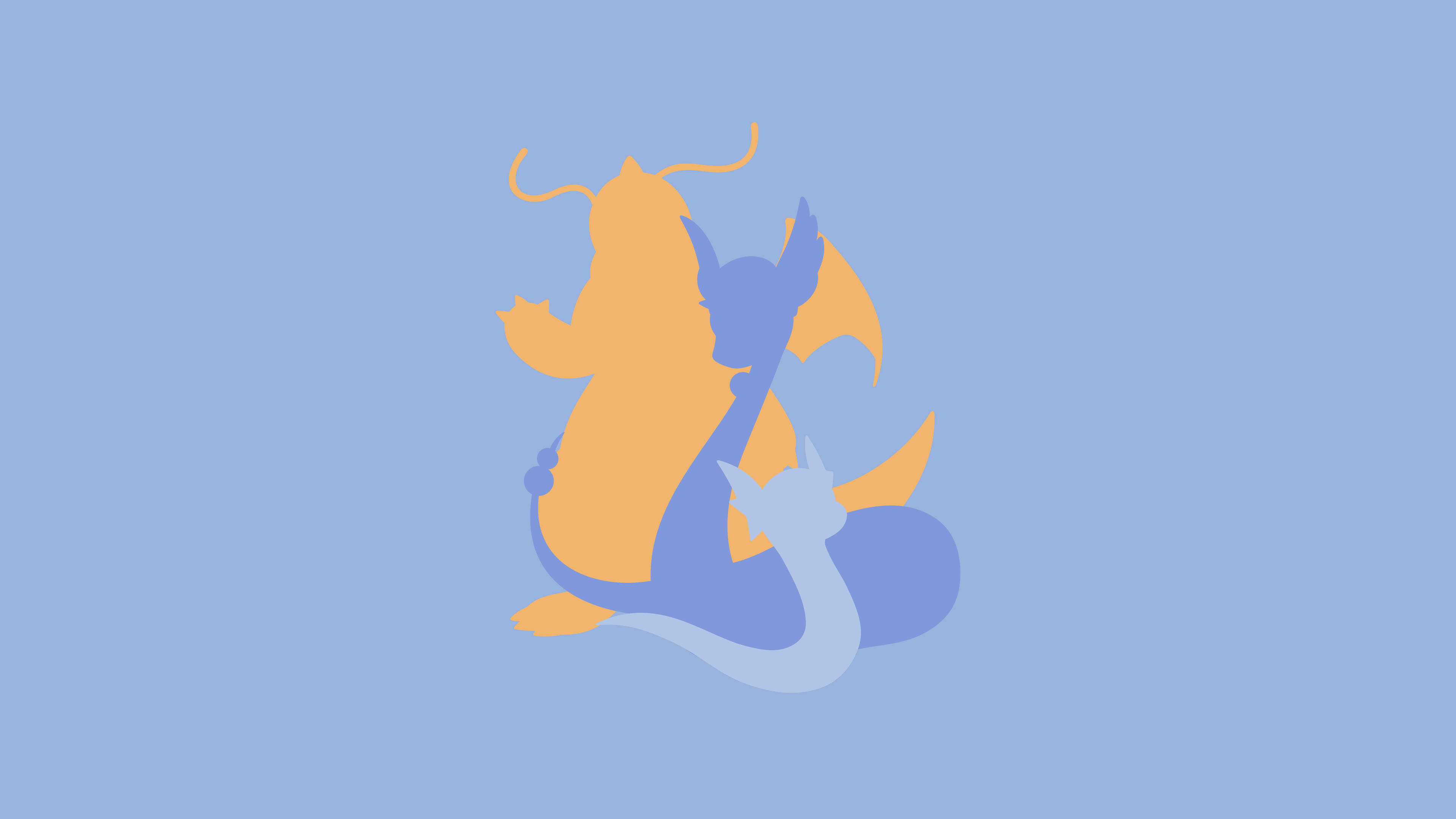 Dragonite 桌布 壁紙 — 兩個風格化的寶可夢剪影——一個橙色和一個藍色——在純淺藍色背景上重疊。