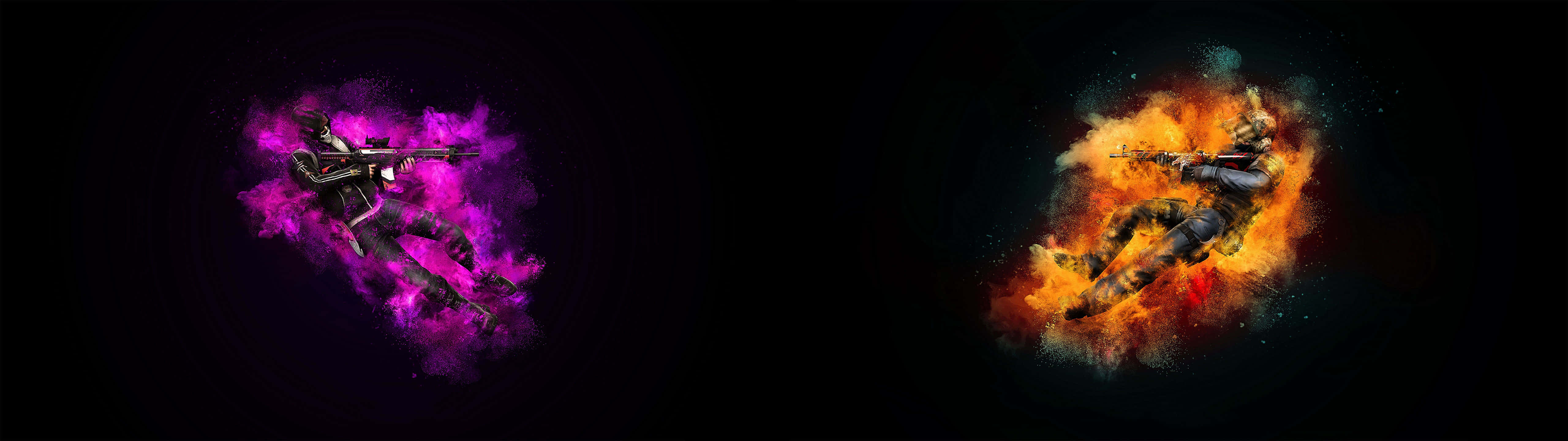 5120x1440 Dual Screen 桌布 壁紙 — 兩個風格化的戰士以動態姿勢被爆炸性的紫色和橙色粒子效果包圍，背景為黑色。