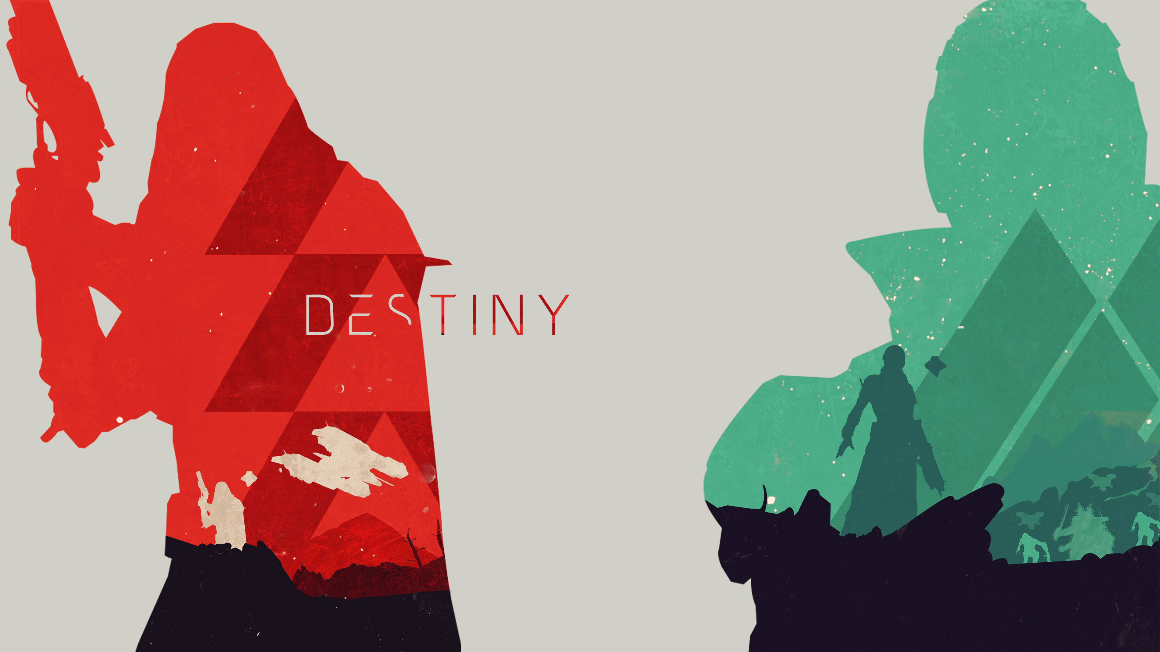 destiny 4K 桌布 壁紙 — 兩個風格化的戰士剪影，紅色和綠色，面對面，中間有「命運」一詞。