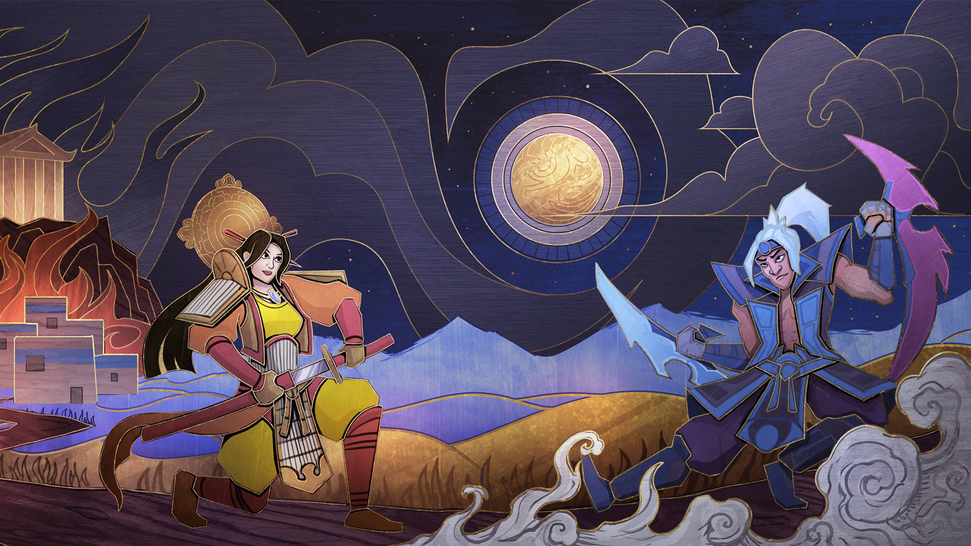 Tsukuyomi 桌布 壁紙 — 兩個風格化的戰士在旋轉的宇宙月亮下於戲劇性的奇幻戰鬥場景中交鋒。