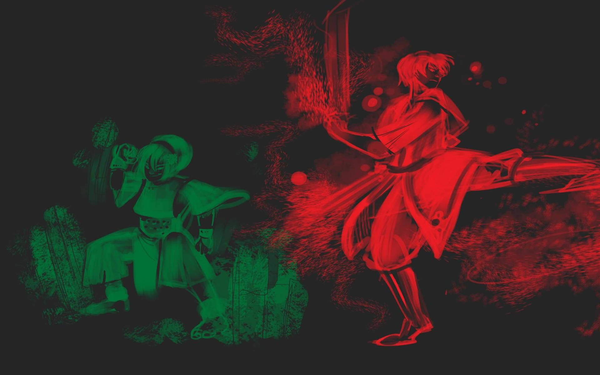 Zuko 桌布 壁紙 — 兩個風格化的戰士在黑暗背景下進行一場戲劇性的紅綠決鬥。