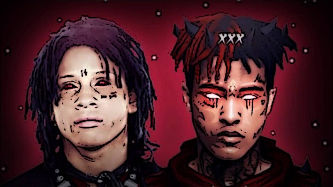 Xxxtentacion Cartoon 桌布 壁紙 — 兩個風格化的插圖人物，深色頭髮和紅色眼睛，站在帶有白色斑點的深紅色背景前。
