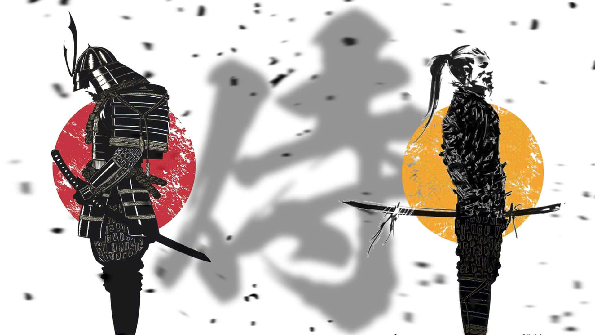 武士動畫 桌布 壁紙 — 兩個風格化的武士戰士在紅色和黃色太陽的背景下對峙，它們之間有一個巨大的陰影漢字。