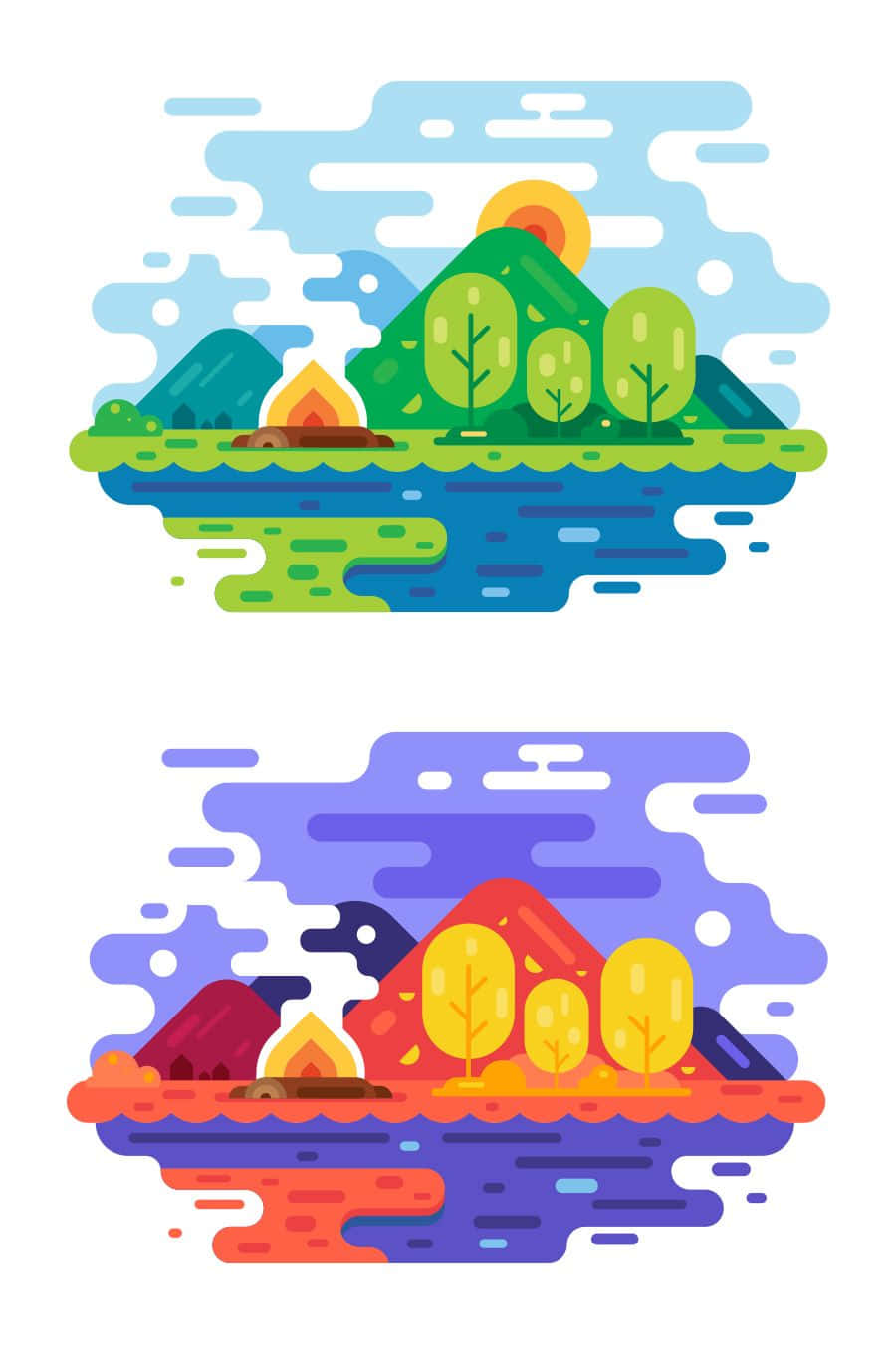 Game Design 桌布 壁紙 — 兩個風格化的浮島，帶有營火、樹木和山脈，在色彩繽紛的天空下倒映在水中。