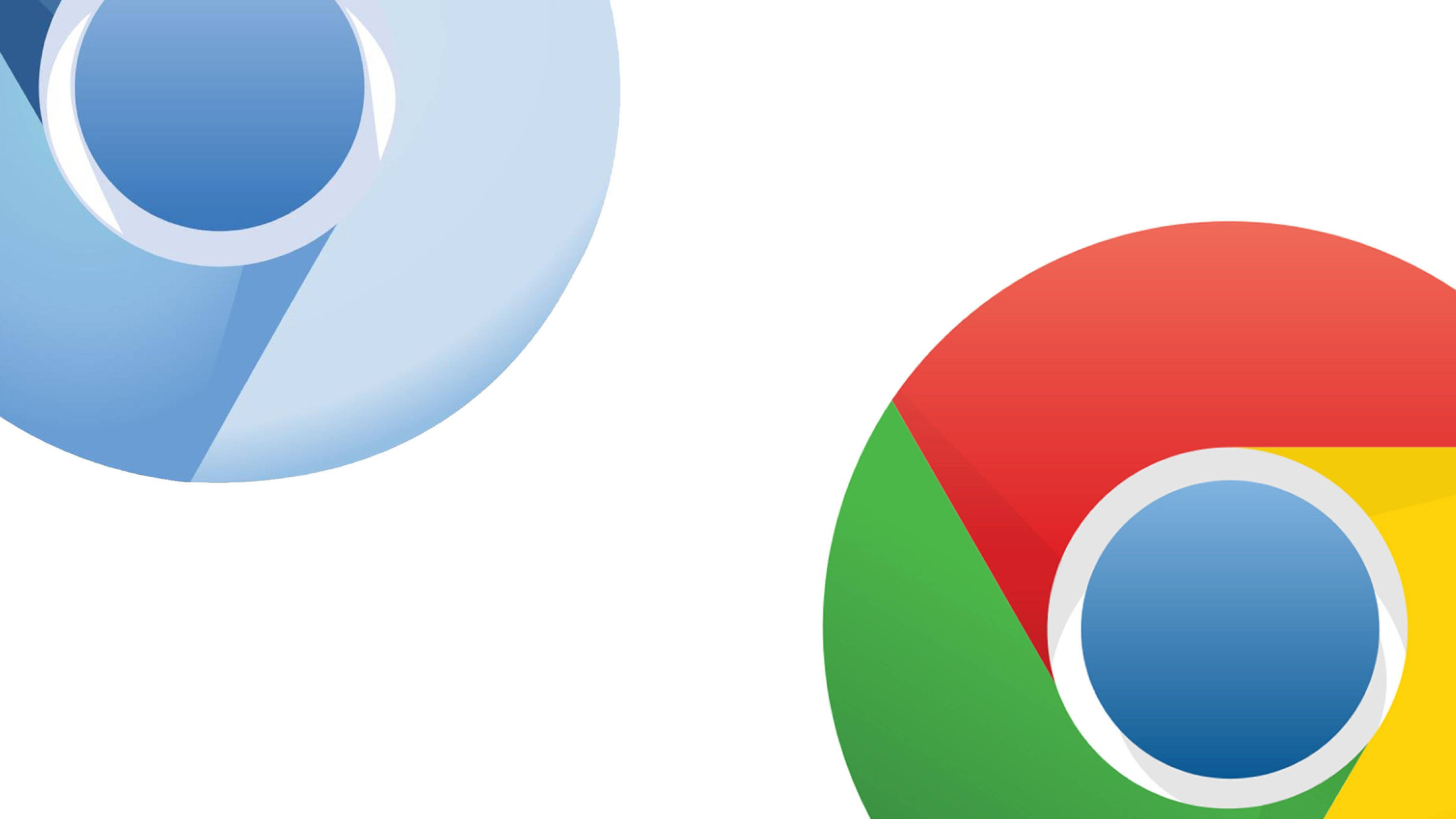 Google Chrome 桌布 壁紙 — 兩個風格化的瀏覽器標誌，一個藍色和一個多色，在乾淨的白色背景上。