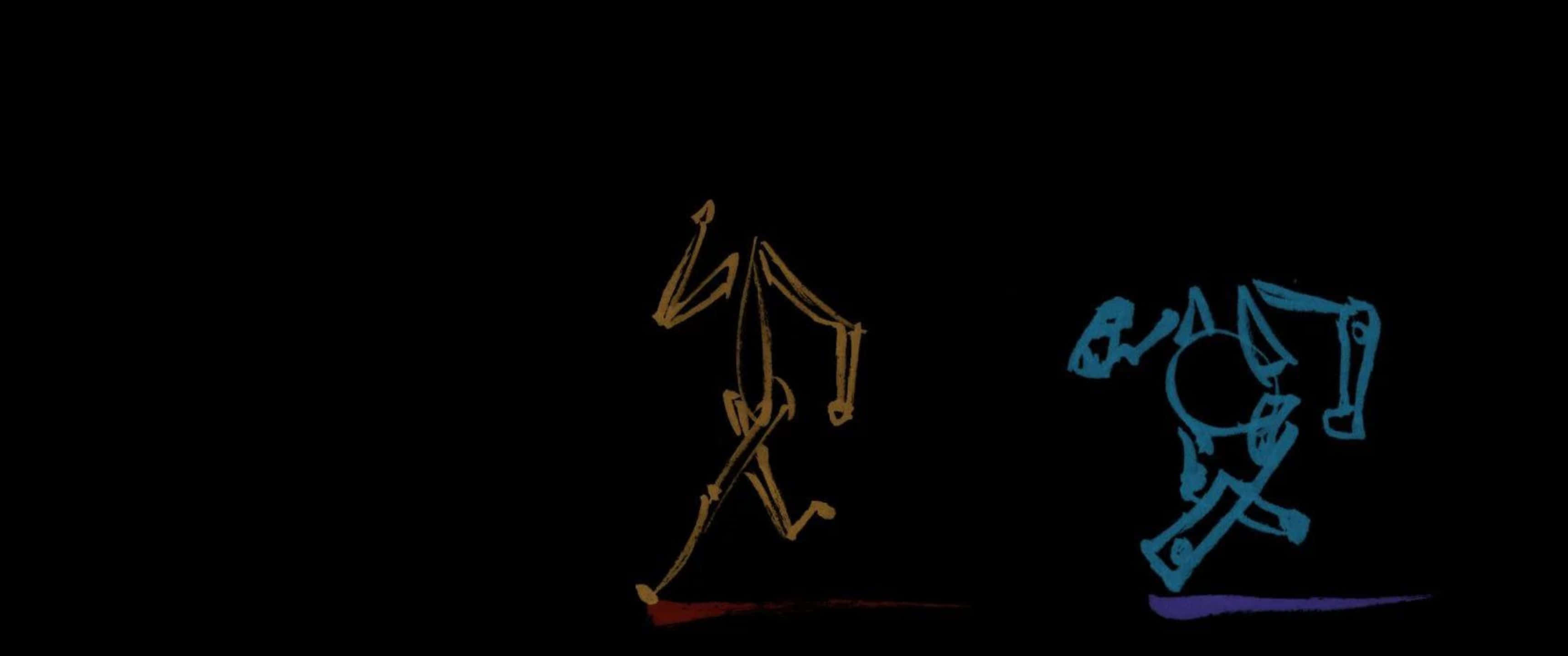 3440x1440p Portal 2 桌布 壁紙 — 兩個風格化的火柴人，一個金色一個藍色，以發光線條勾勒在黑色背景上。