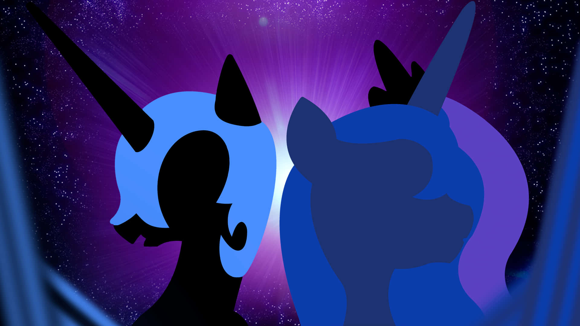 Nightmare Moon 桌布 壁紙 — 兩個風格化的獨角獸剪影在燦爛的紫色星空下相對而立，背後有宇宙射線迸發而出。
