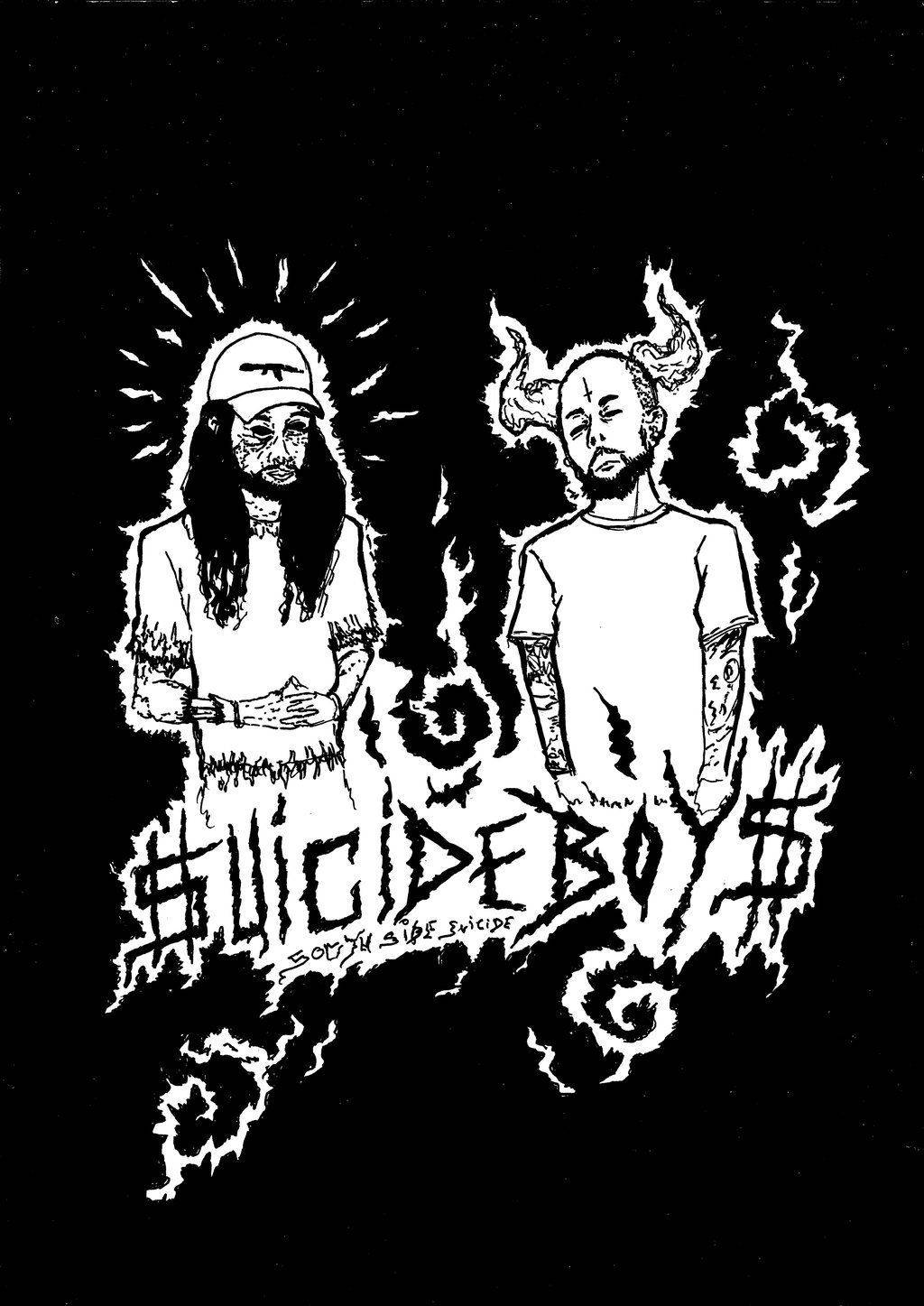 suicideboys 桌布 壁紙 — 兩個風格化的男人，有尖刺頭髮和刺青，站在黑色背景前，樂團名稱Suicideboys以鋸齒狀字體呈現。