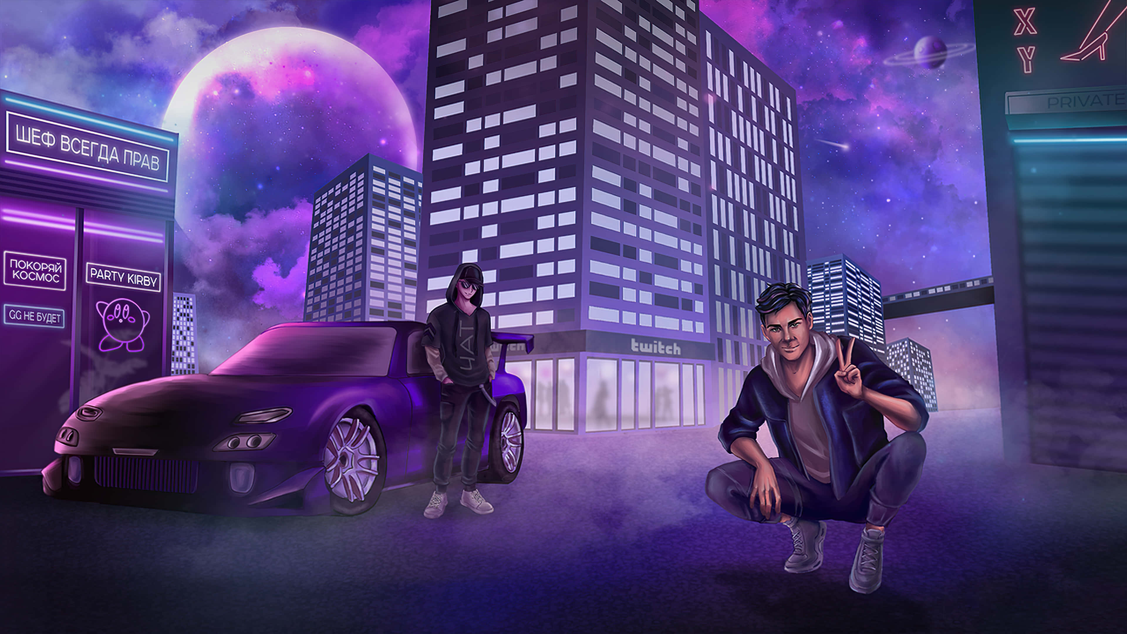 Cyberpunk Laptop 桌布 壁紙 — 兩個風格化的男人在一個巨大的發光月亮下，在一輛紫色跑車旁邊擺姿勢，背景是霓虹燈閃爍的賽博朋克城市景觀。