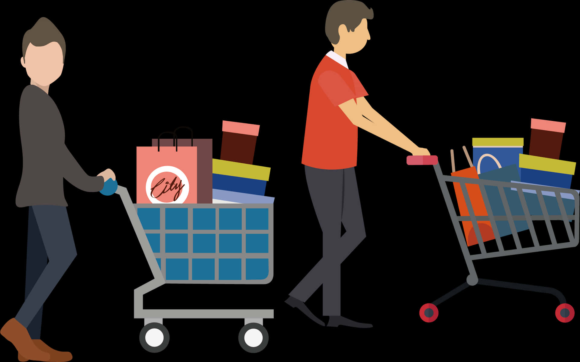Shopping 桌布 壁紙 — 兩個風格化的男人推著裝滿彩色袋子的購物車，背景為黑色。